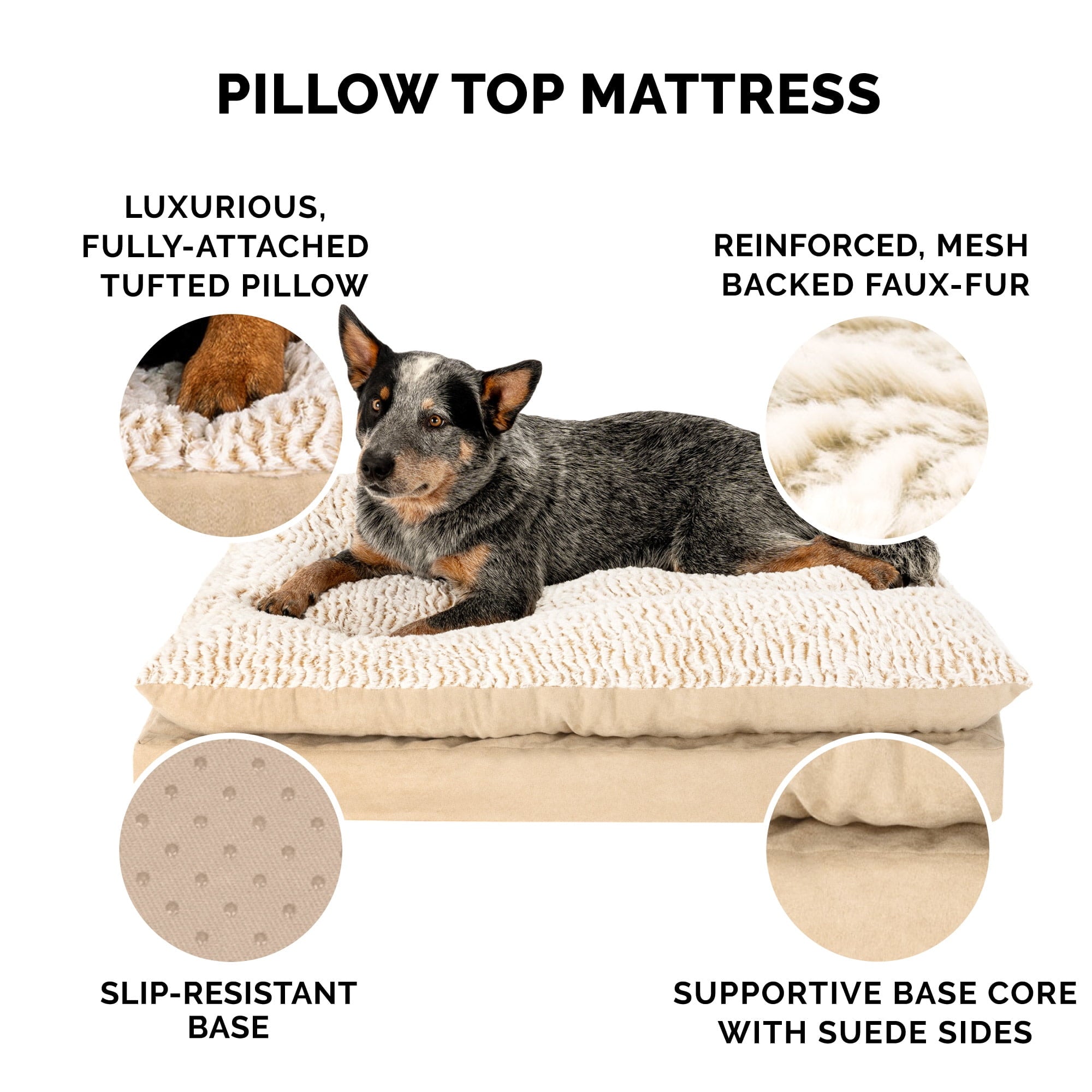 FurHaven Pet Products Medium Embossed Faux Fur & Suede Pillow Top Mattress Dog & Cat Bed, Taupe