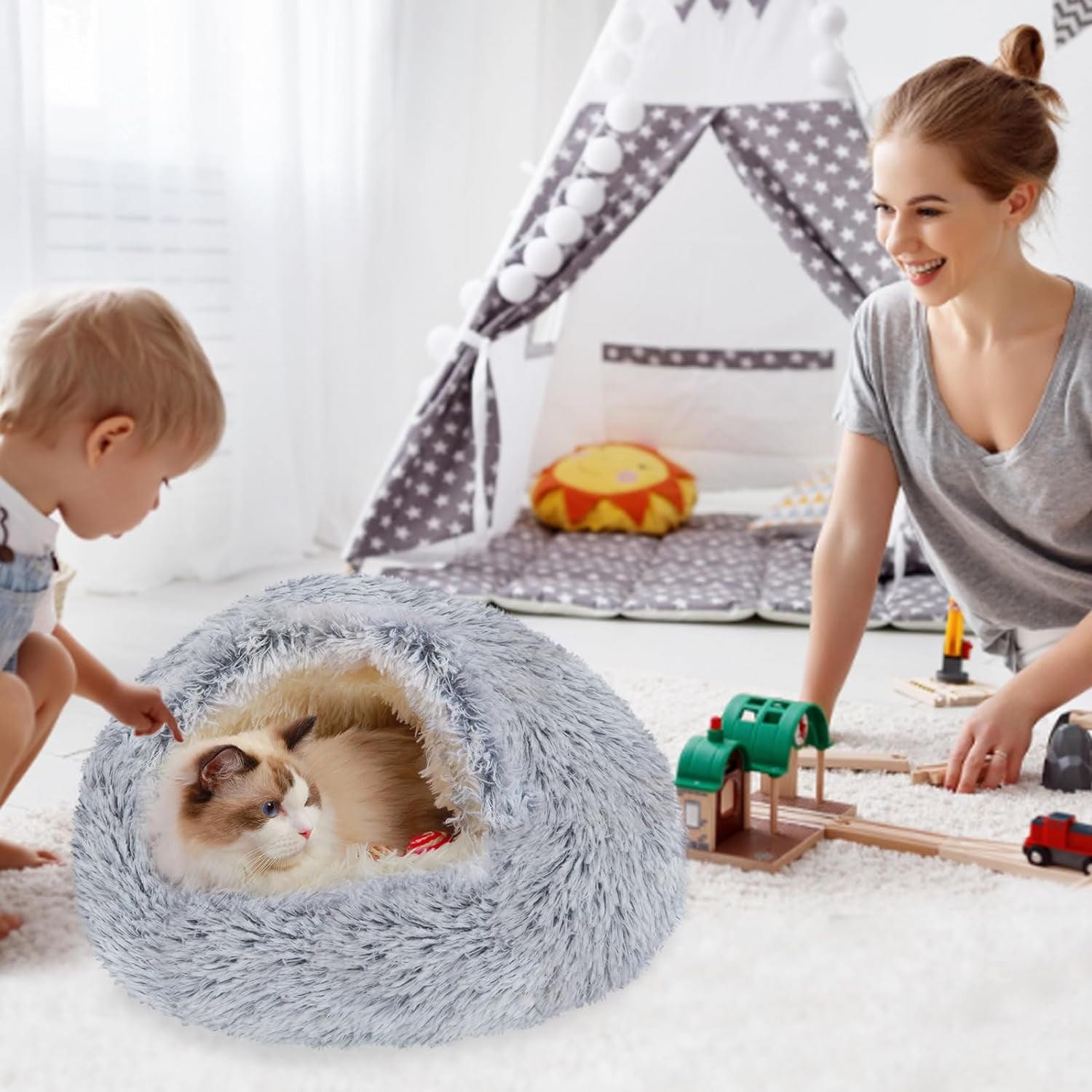 Katinyos Cat Bed & Dog Bed with Cover Cave, Machine Washable Cozy Cat Cave Bed, Pet Bed with Anti-Slip & Waterproof Bottom, Round Plush Fluffy Cat Condo for Improved Sleep-16inch