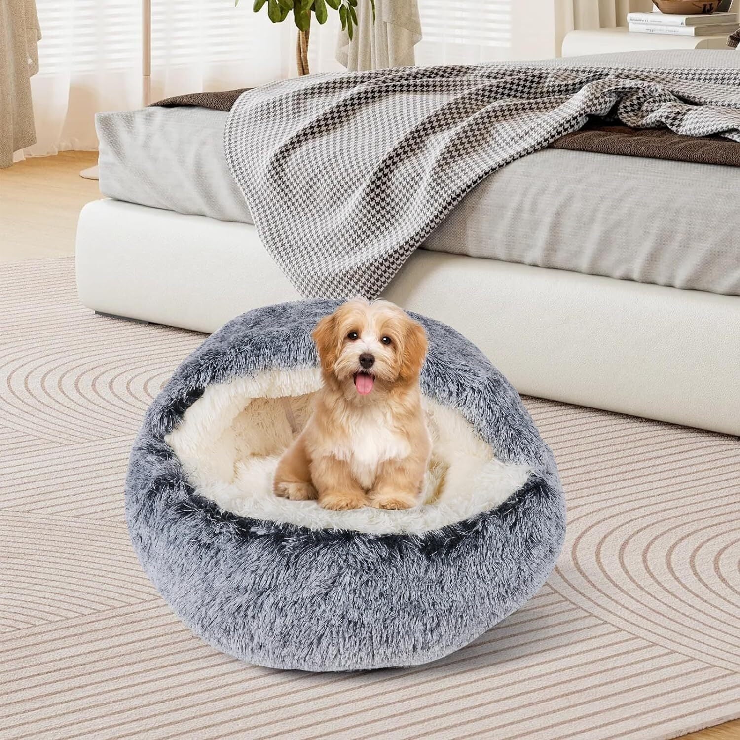 Katinyos Cat Bed & Dog Bed with Cover Cave, Machine Washable Cozy Cat Cave Bed, Pet Bed with Anti-Slip & Waterproof Bottom, Round Plush Fluffy Cat Condo for Improved Sleep-16inch