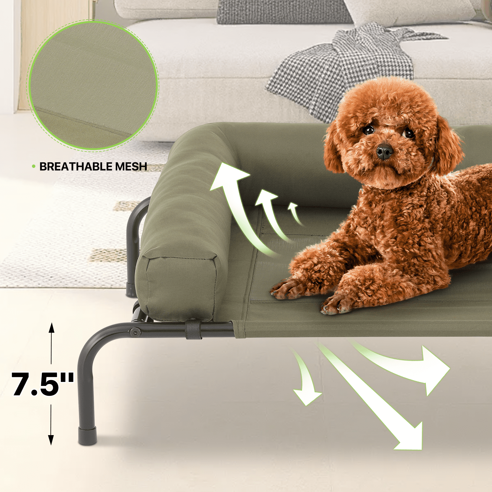 Magshion Cooling Elevated Dog Bed with Pillows, 35.5" Portable Washable Raised Dog Cot with No-Slip Rubber Feet for Indoor & Outdoor Use, Small, Dark Green