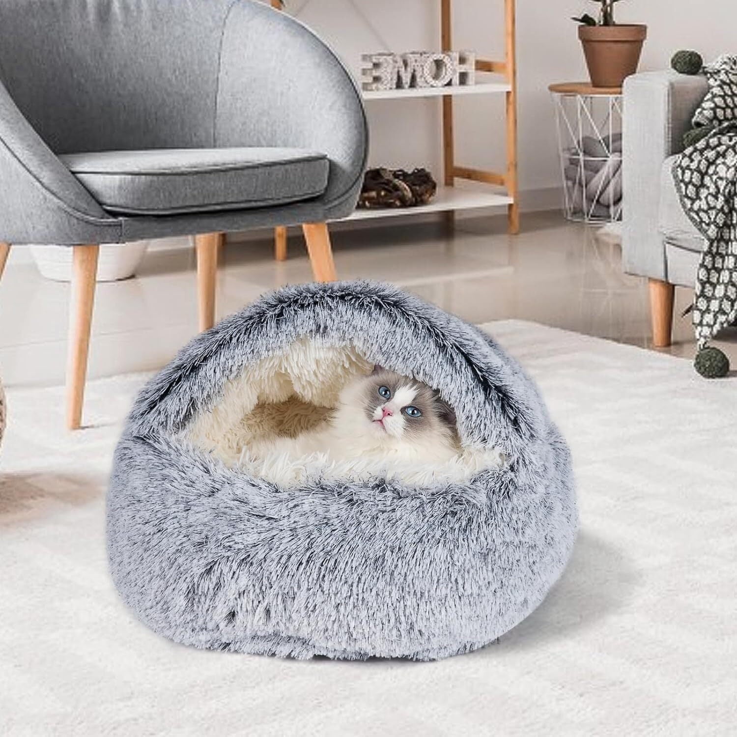 Katinyos Cat Bed & Dog Bed with Cover Cave, Machine Washable Cozy Cat Cave Bed, Pet Bed with Anti-Slip & Waterproof Bottom, Round Plush Fluffy Cat Condo for Improved Sleep-16inch