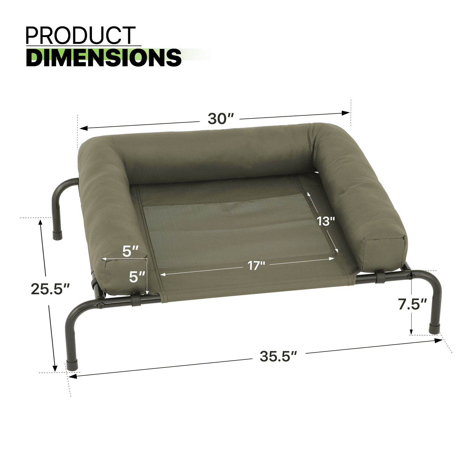 Magshion Cooling Elevated Dog Bed with Pillows, 35.5" Portable Washable Raised Dog Cot with No-Slip Rubber Feet for Indoor & Outdoor Use, Small, Dark Green