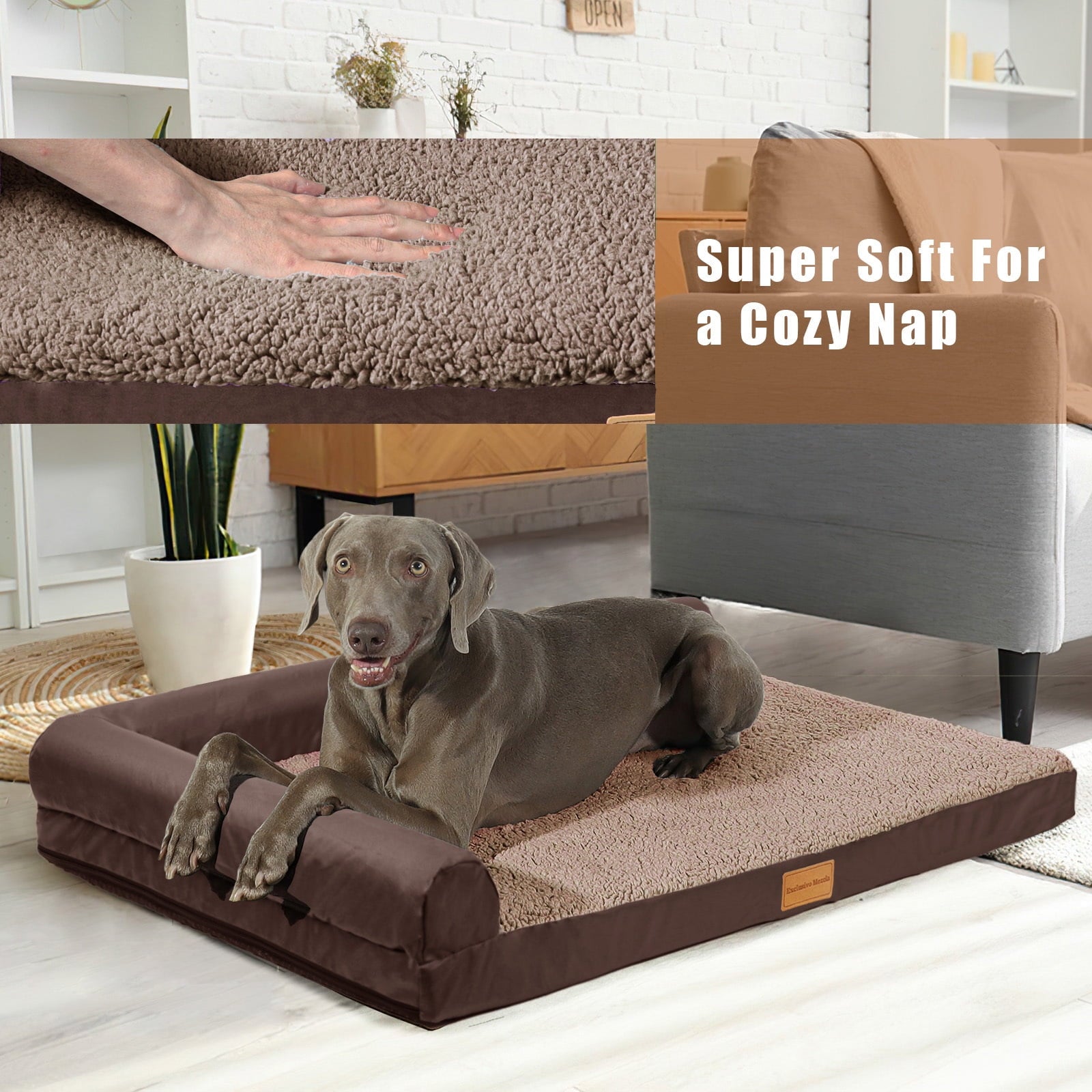 Exclusivo Mezcla Orthopedic Pet Bed for Extra Large Dogs 48"X30", L Shaped Waterproof Dog Beds with Removable Washable Cover, Brown