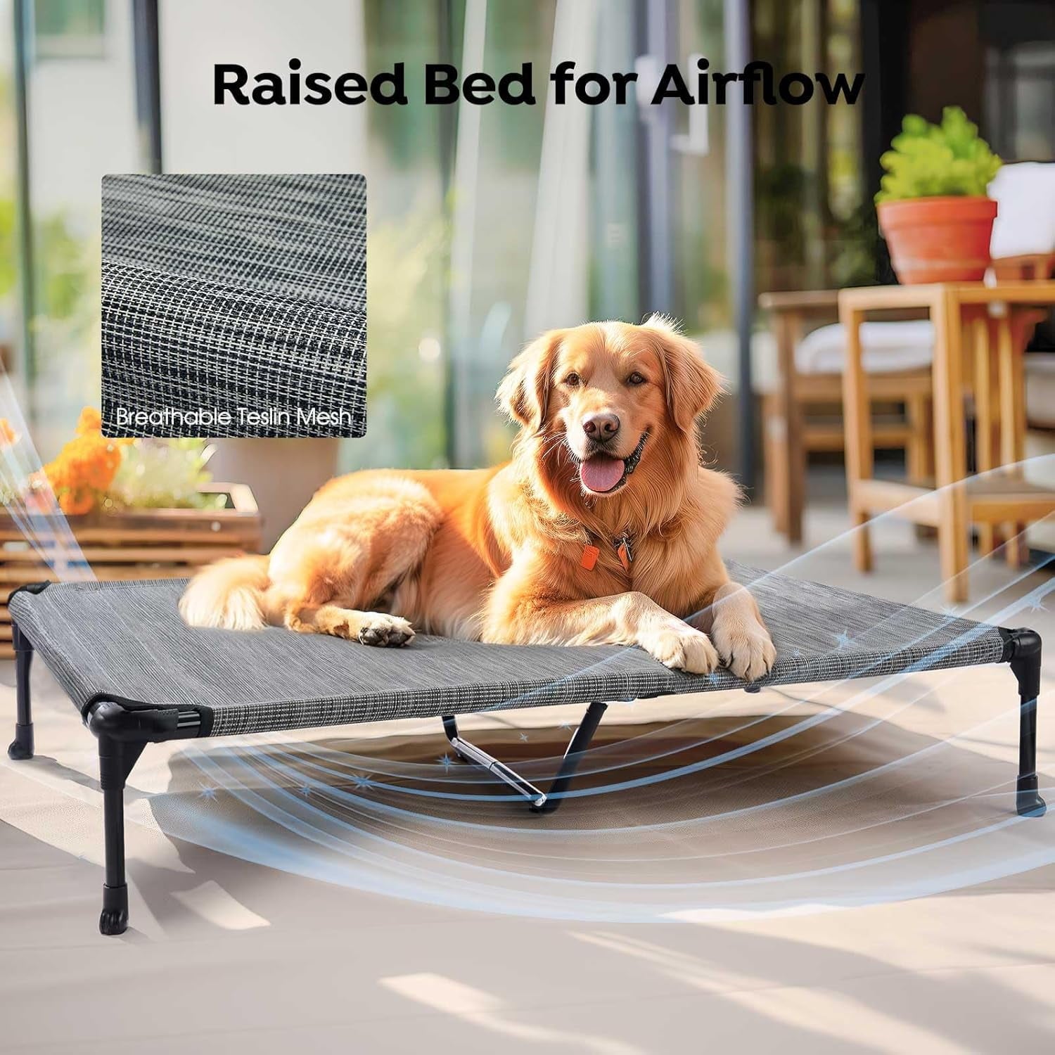 Elevated Dog Bed Add Removable Waterproof Bolster Cushion Mat, Raised Pet Cot with Breathable Teslin Mesh, No-Slip Feet, Dog Sofa Bed for Indoor Outdoor, XLarge, Black Silver