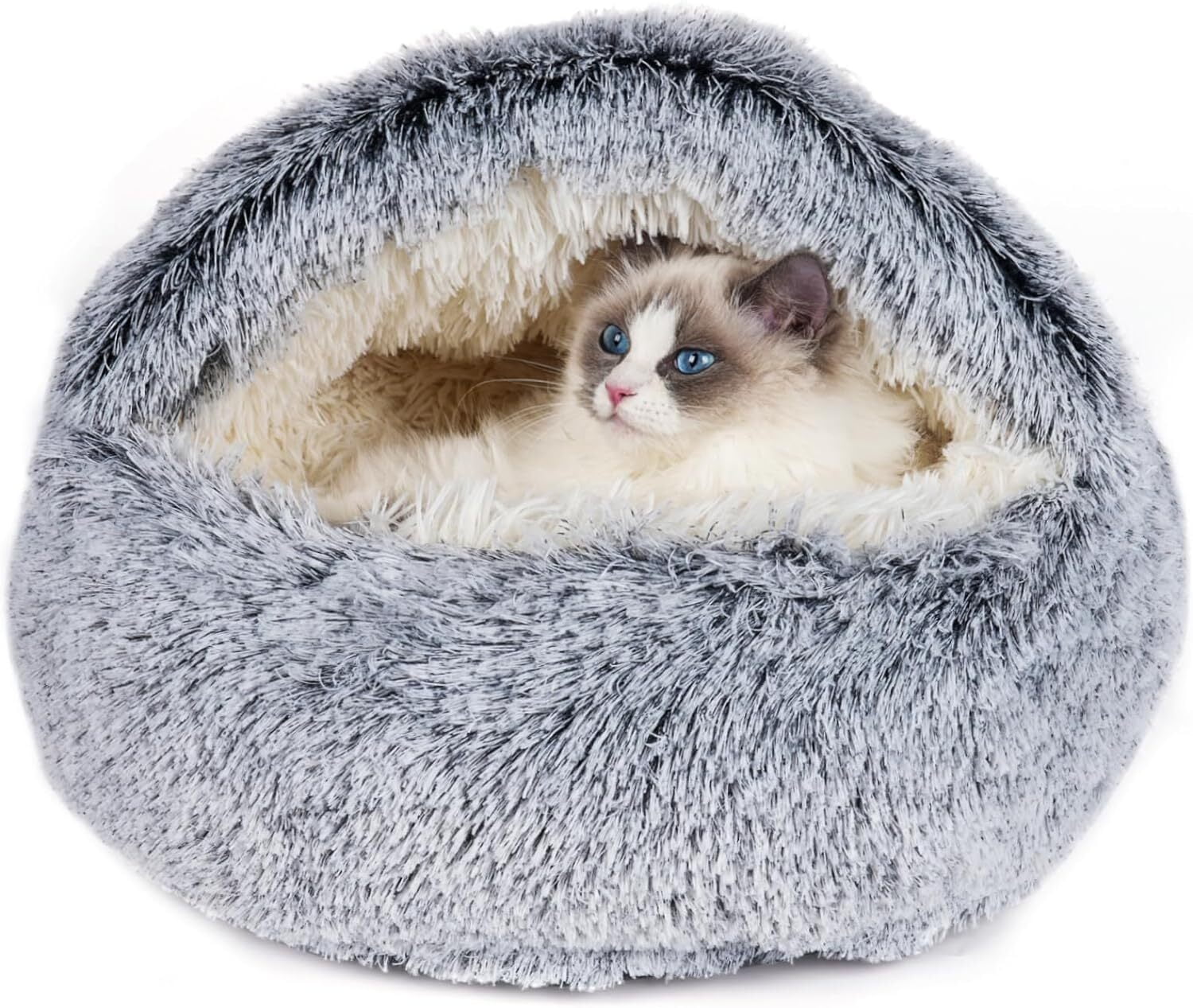 Katinyos Cat Bed & Dog Bed with Cover Cave, Machine Washable Cozy Cat Cave Bed, Pet Bed with Anti-Slip & Waterproof Bottom, Round Plush Fluffy Cat Condo for Improved Sleep-16inch