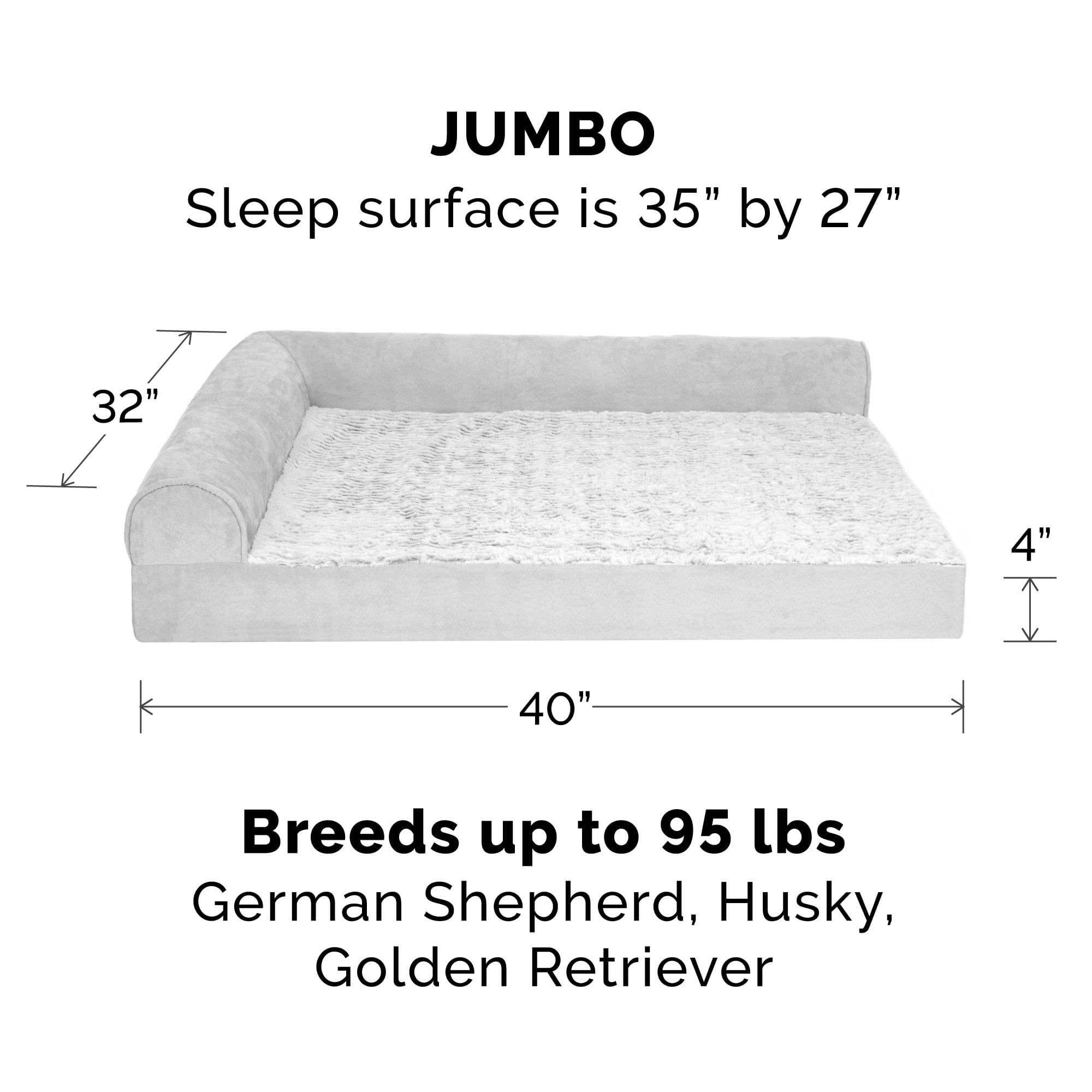 FurHaven Pet Products Jumbo Embossed Faux Fur & Suede Orthopedic Deluxe L-Chaise Dog Bed, Gray