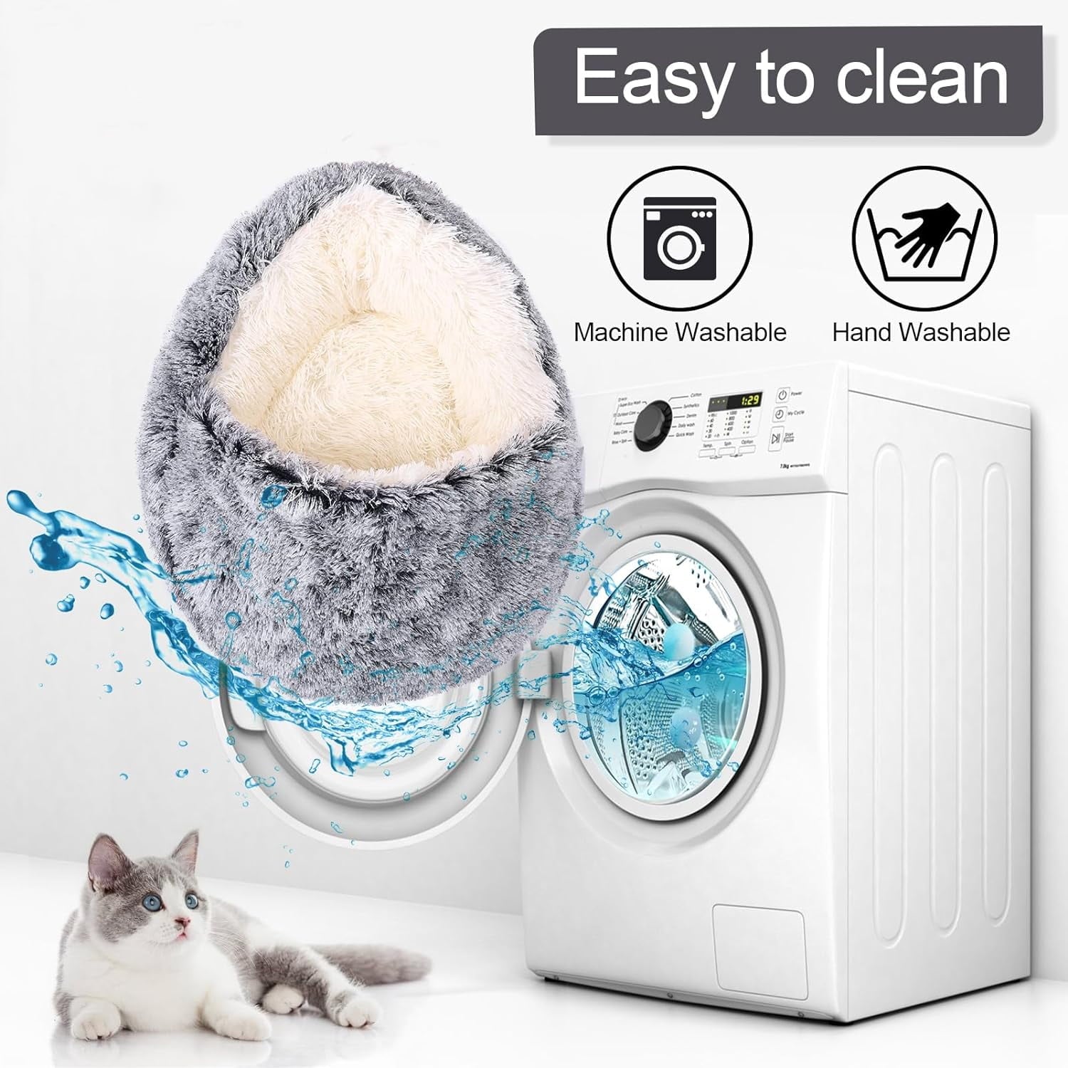 Katinyos Cat Bed & Dog Bed with Cover Cave, Machine Washable Cozy Cat Cave Bed, Pet Bed with Anti-Slip & Waterproof Bottom, Round Plush Fluffy Cat Condo for Improved Sleep-16inch
