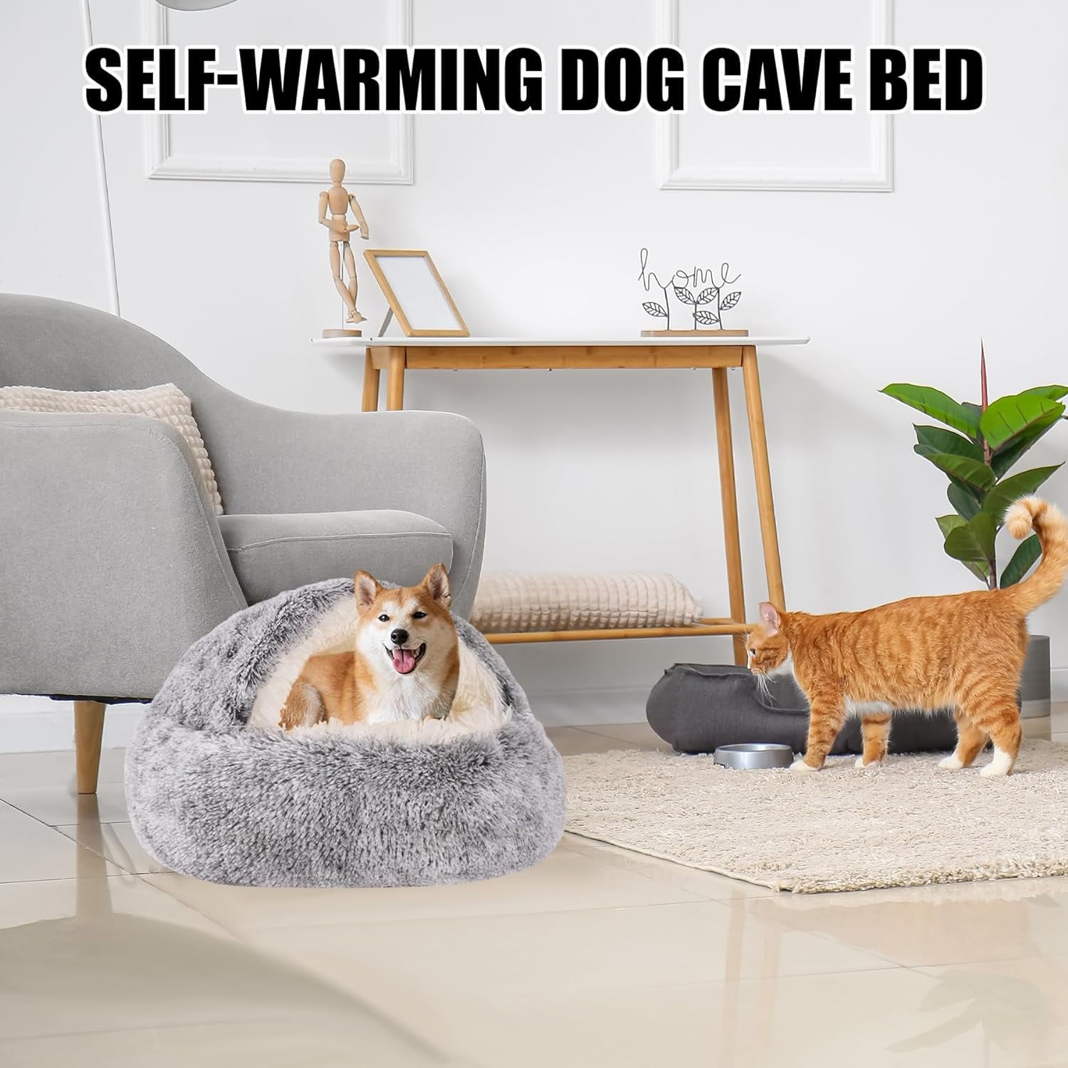 Katinyos Cat Bed & Dog Bed with Cover Cave, Machine Washable Cozy Cat Cave Bed, Pet Bed with Anti-Slip & Waterproof Bottom, Round Plush Fluffy Cat Condo for Improved Sleep-16inch