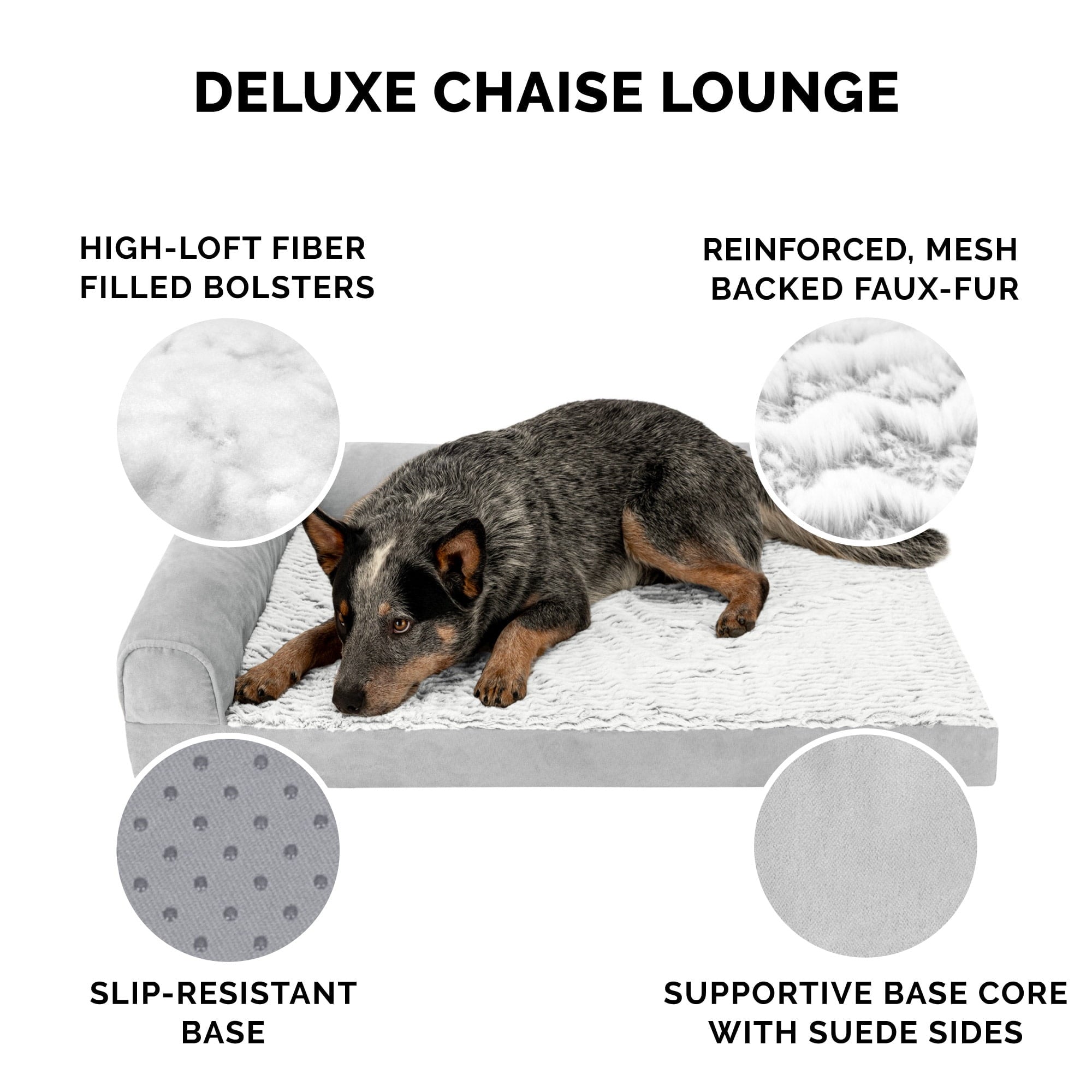 FurHaven Pet Products Jumbo Embossed Faux Fur & Suede Orthopedic Deluxe L-Chaise Dog Bed, Gray