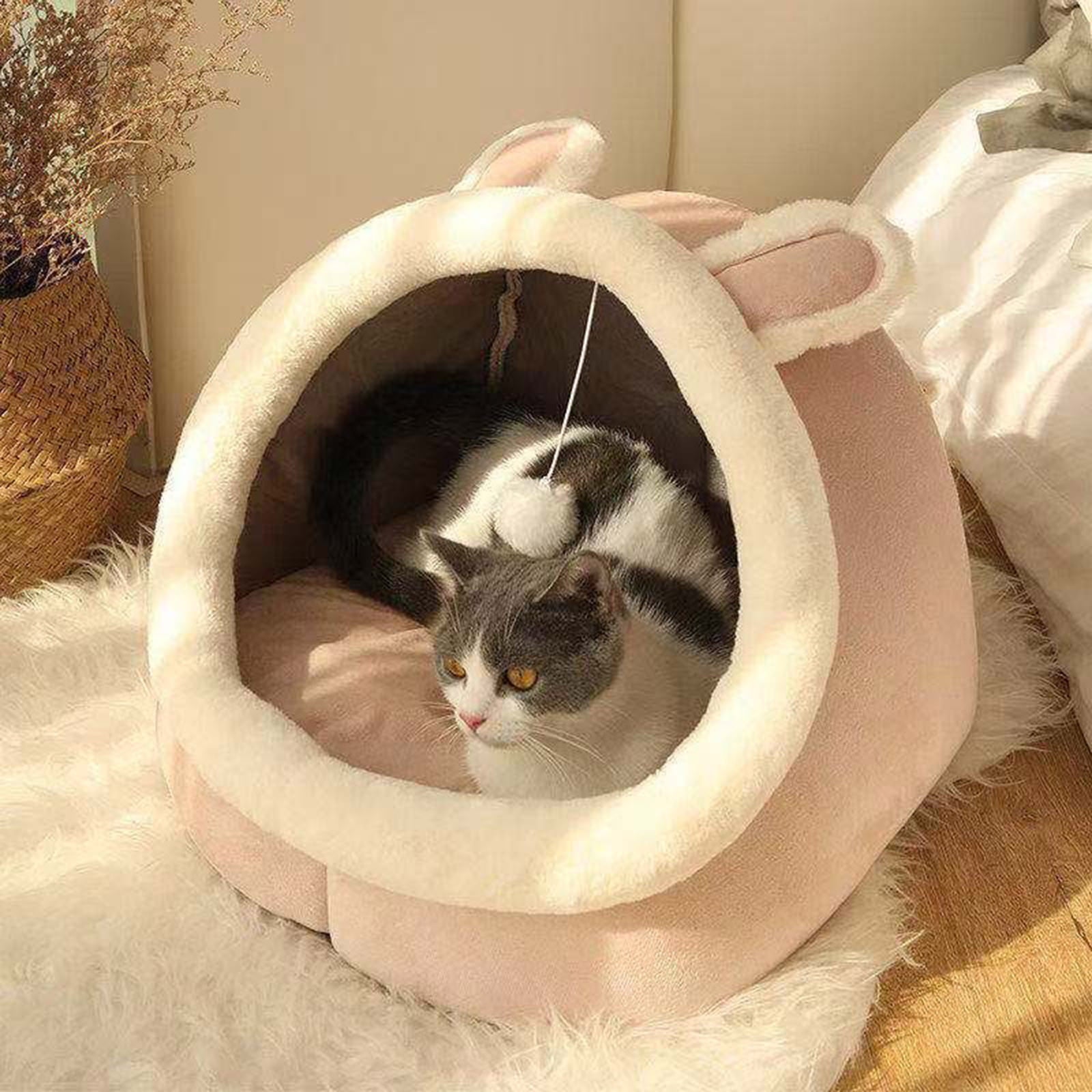 LSLJS Cat Bed, Pet Beds for Cats Cute Cat House with Ears Cozy Cat Cave Beds for Indoor Cats Winter Warm Pet Bed Washable Cat Sleeping Cushion Cotton Pet Sofa On Clearance (15 x 14 x 13 Inch Pink)