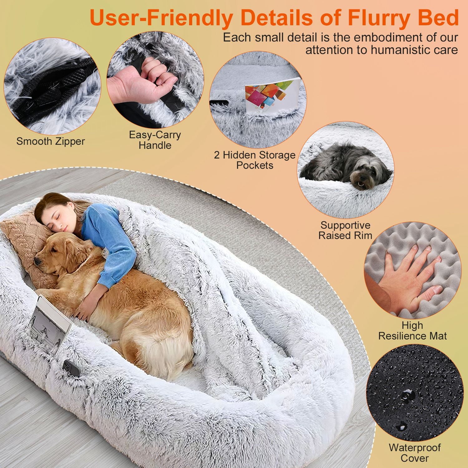 Moclever Human Size Dog Bed Washable Bean Bag Bed for Adults Kids Pets 72.83x47.24x11.81in, Gray