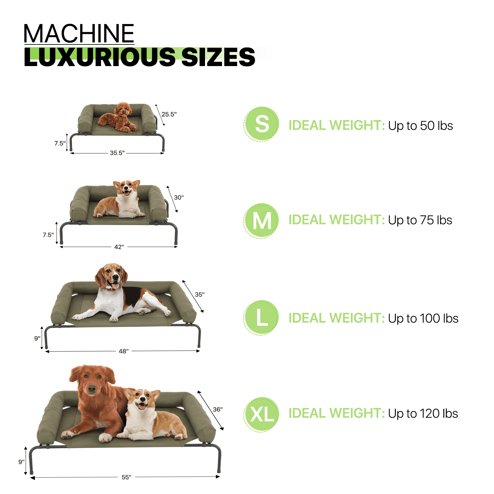 Magshion Cooling Elevated Dog Bed with Pillows, 35.5" Portable Washable Raised Dog Cot with No-Slip Rubber Feet for Indoor & Outdoor Use, Small, Dark Green