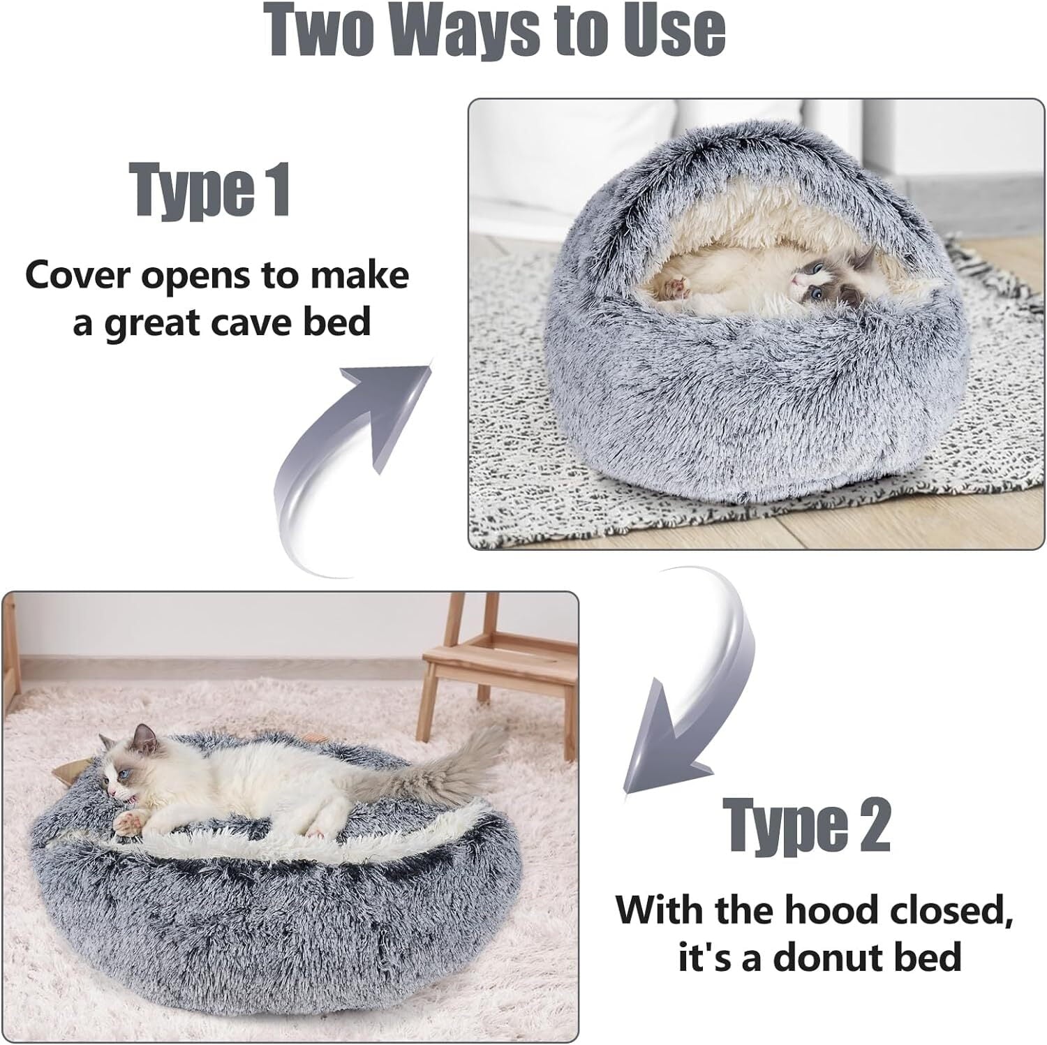 Katinyos Cat Bed & Dog Bed with Cover Cave, Machine Washable Cozy Cat Cave Bed, Pet Bed with Anti-Slip & Waterproof Bottom, Round Plush Fluffy Cat Condo for Improved Sleep-16inch