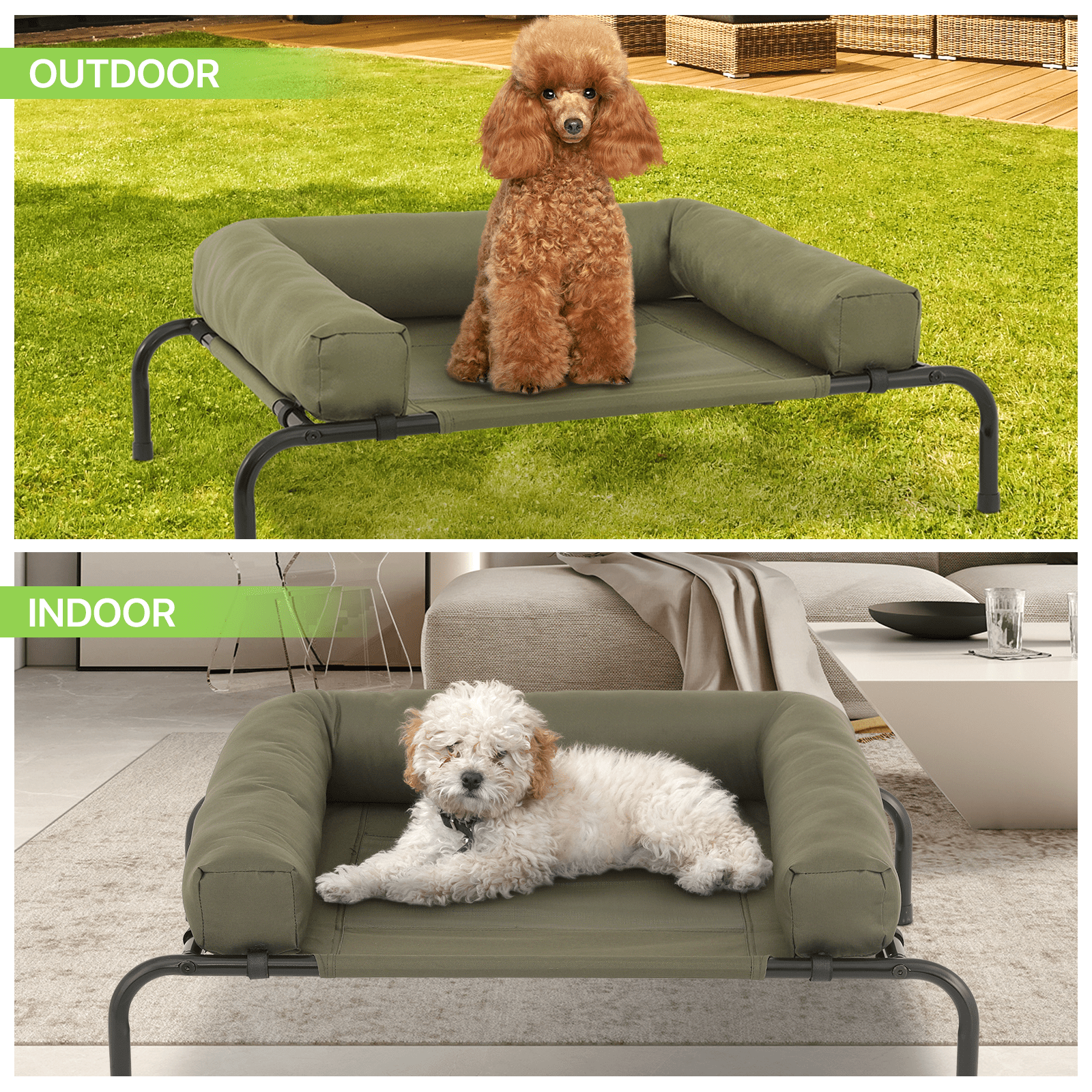 Magshion Cooling Elevated Dog Bed with Pillows, 35.5" Portable Washable Raised Dog Cot with No-Slip Rubber Feet for Indoor & Outdoor Use, Small, Dark Green