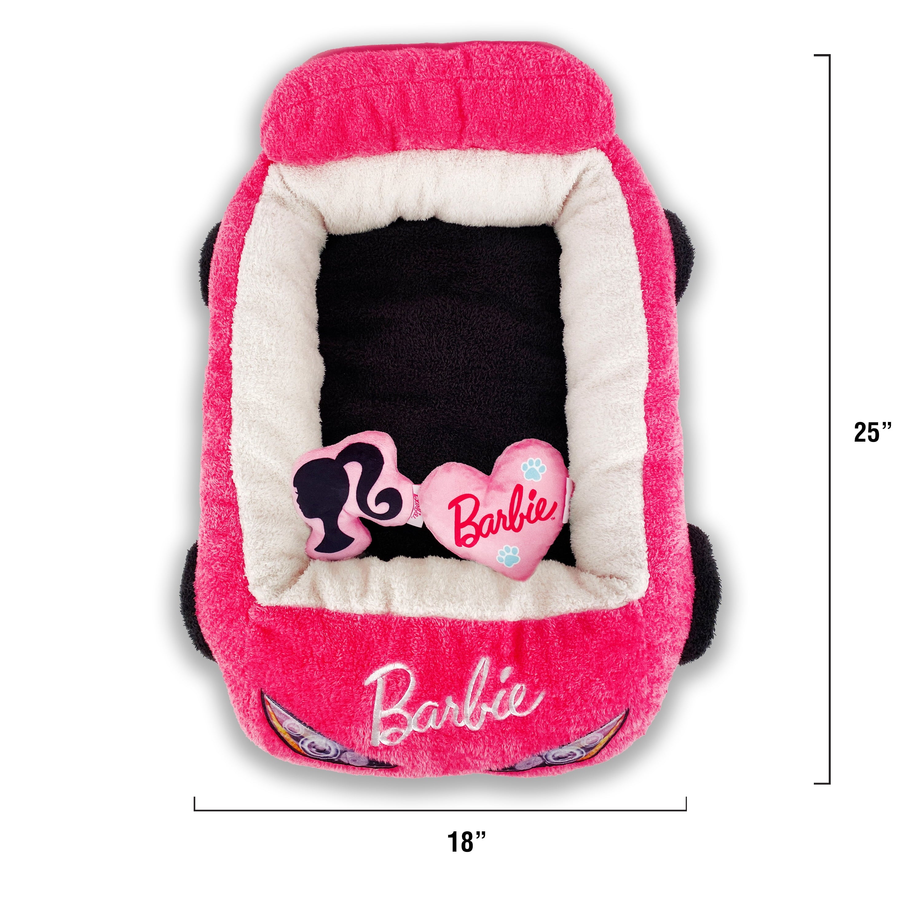 Megatoys Barbie Small Pet Bed, Plush Car Bed with 2 Crinkle Barbie-Themed Toys, Pink