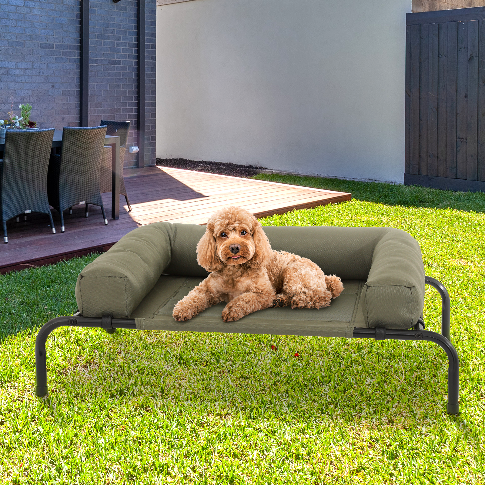 Magshion Cooling Elevated Dog Bed with Pillows, 35.5" Portable Washable Raised Dog Cot with No-Slip Rubber Feet for Indoor & Outdoor Use, Small, Dark Green