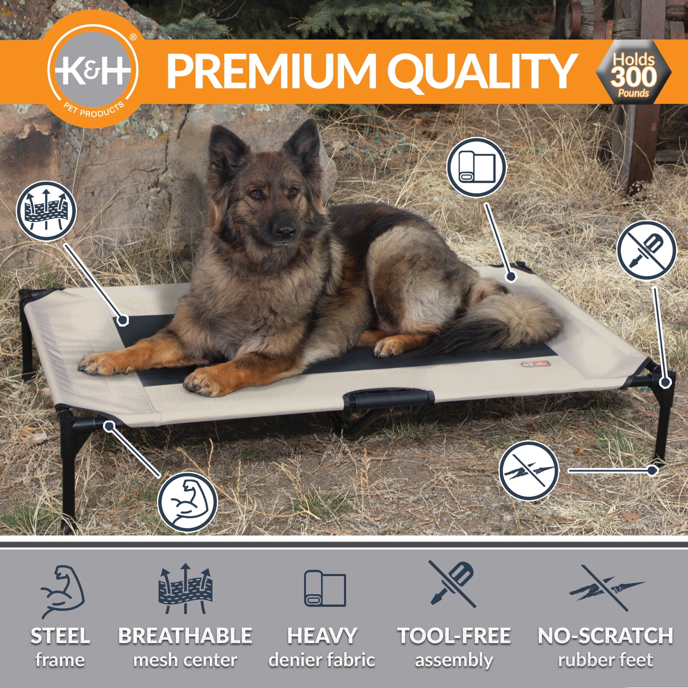 K&H Pet Products Original Pet Cot Elevated Dog Bed Taupe/Black Mesh X-Large 50 X 32 X 9 Inches