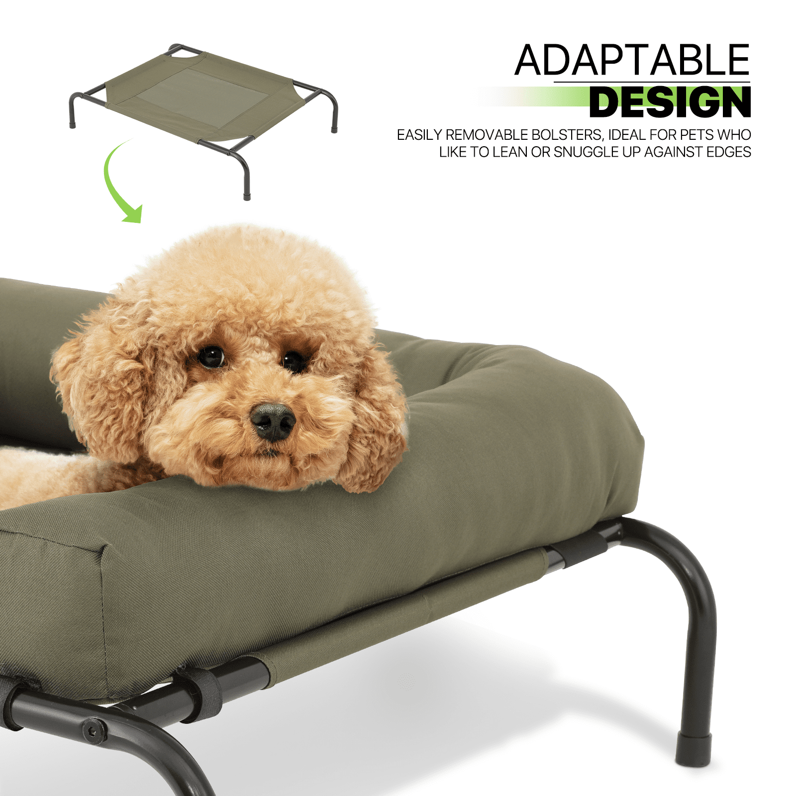 Magshion Cooling Elevated Dog Bed with Pillows, 35.5" Portable Washable Raised Dog Cot with No-Slip Rubber Feet for Indoor & Outdoor Use, Small, Dark Green
