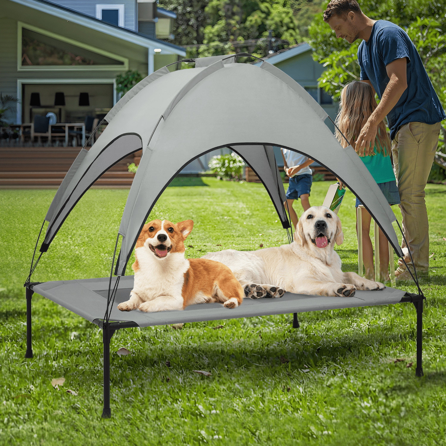 Magshion Outdoor Elevated Dog Bed with Removable Canopy, 55" Large Cooling Raised Pet Cot for Indoor Outdoor, Portable Pet Bed with Waterproof Canopy, Grey