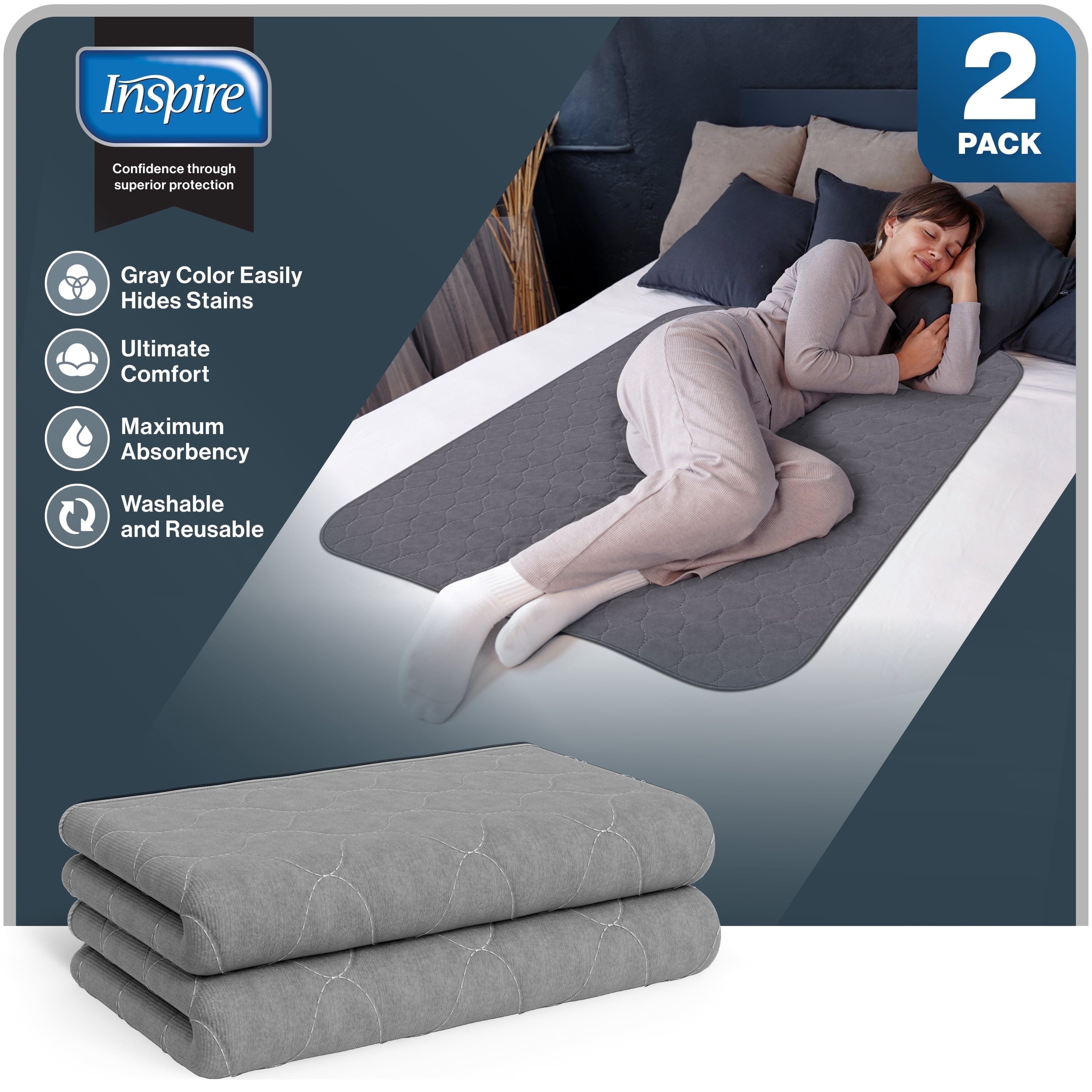 Inspire Underpads,  Reusable  Bed Pads Washable Waterproof, Comfort Fit, Extra Long 34 x 36 (2 Count)
