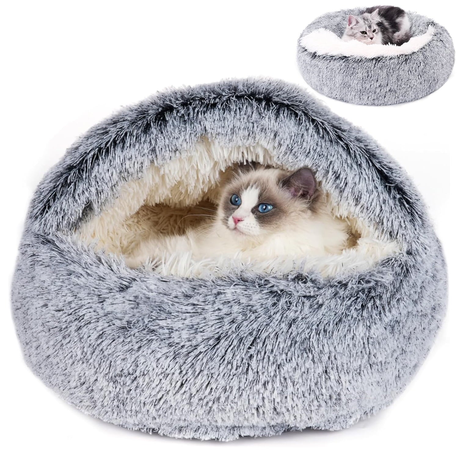 Katinyos Cat Bed & Dog Bed with Cover Cave, Machine Washable Cozy Cat Cave Bed, Pet Bed with Anti-Slip & Waterproof Bottom, Round Plush Fluffy Cat Condo for Improved Sleep-16inch