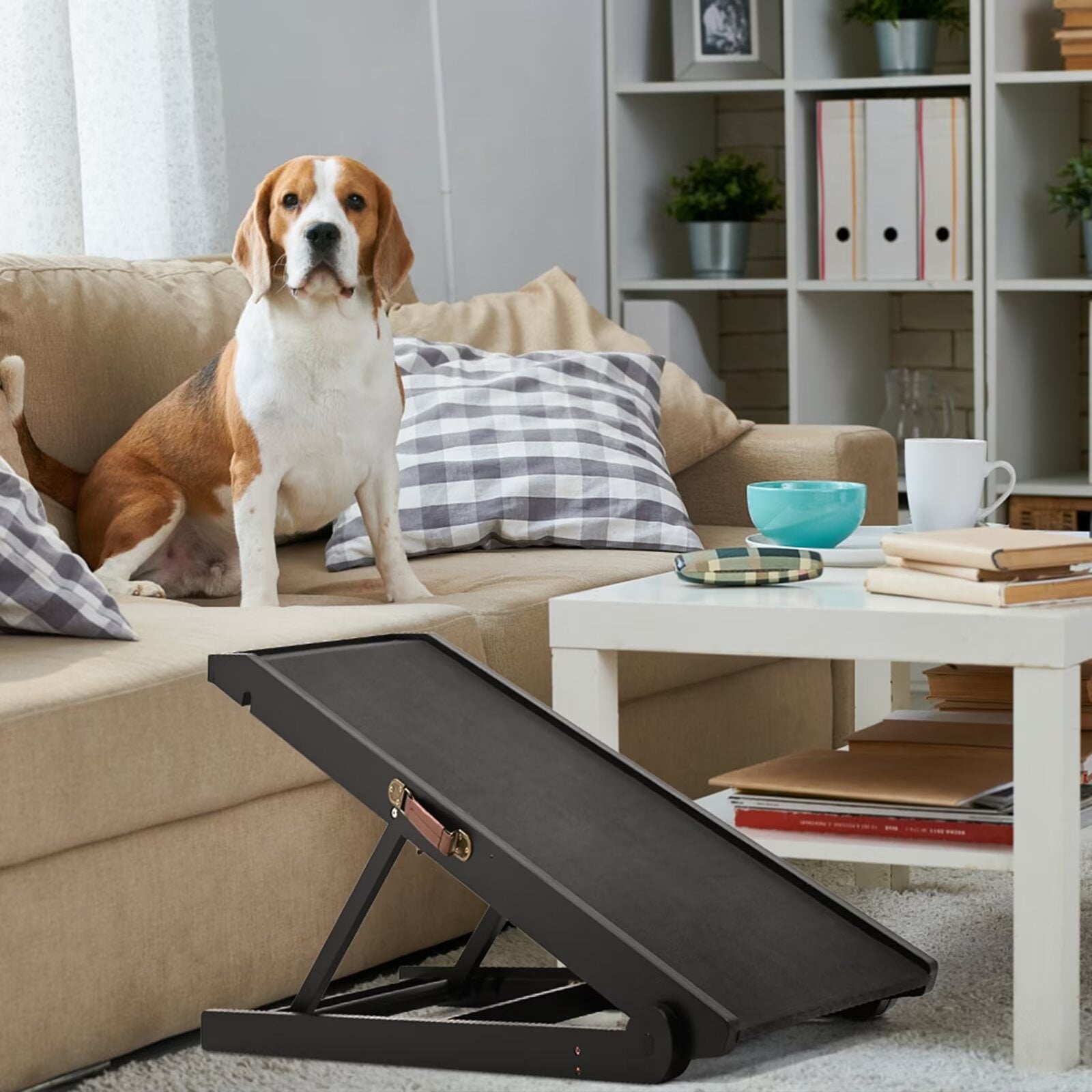 MOPHOTO 39"L x 18"W Wooden Pet Ramp for Dogs, Folding Pets Ramp with Non-Slip Carpet, 4 Height Adjustable, Supports up to 200 lbs, Bed Pet Ramp