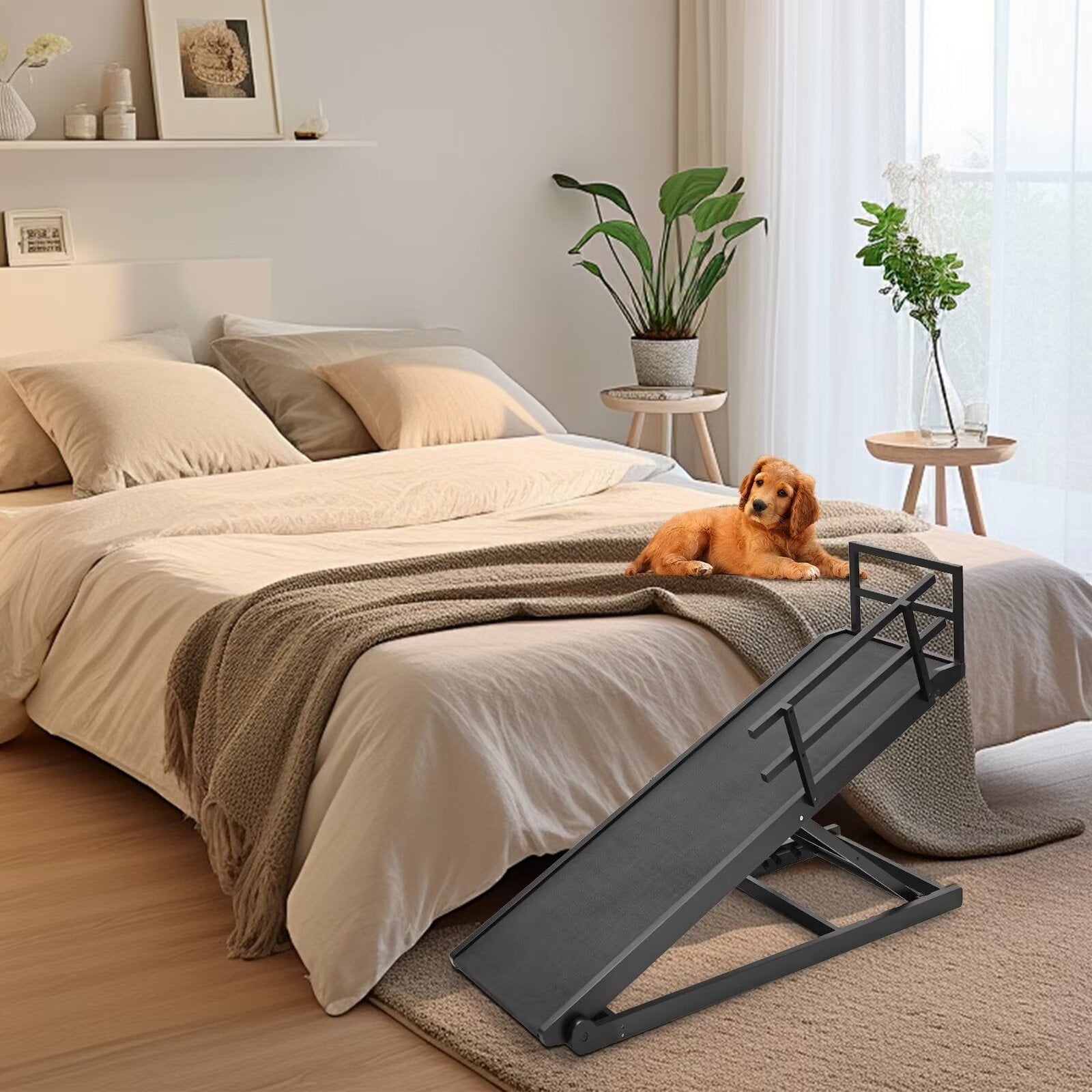 MOPHOTO 39"L x 18"W Wooden Pet Ramp for Dogs, Folding Pets Ramp with Non-Slip Carpet, 4 Height Adjustable, Supports up to 200 lbs, Bed Pet Ramp