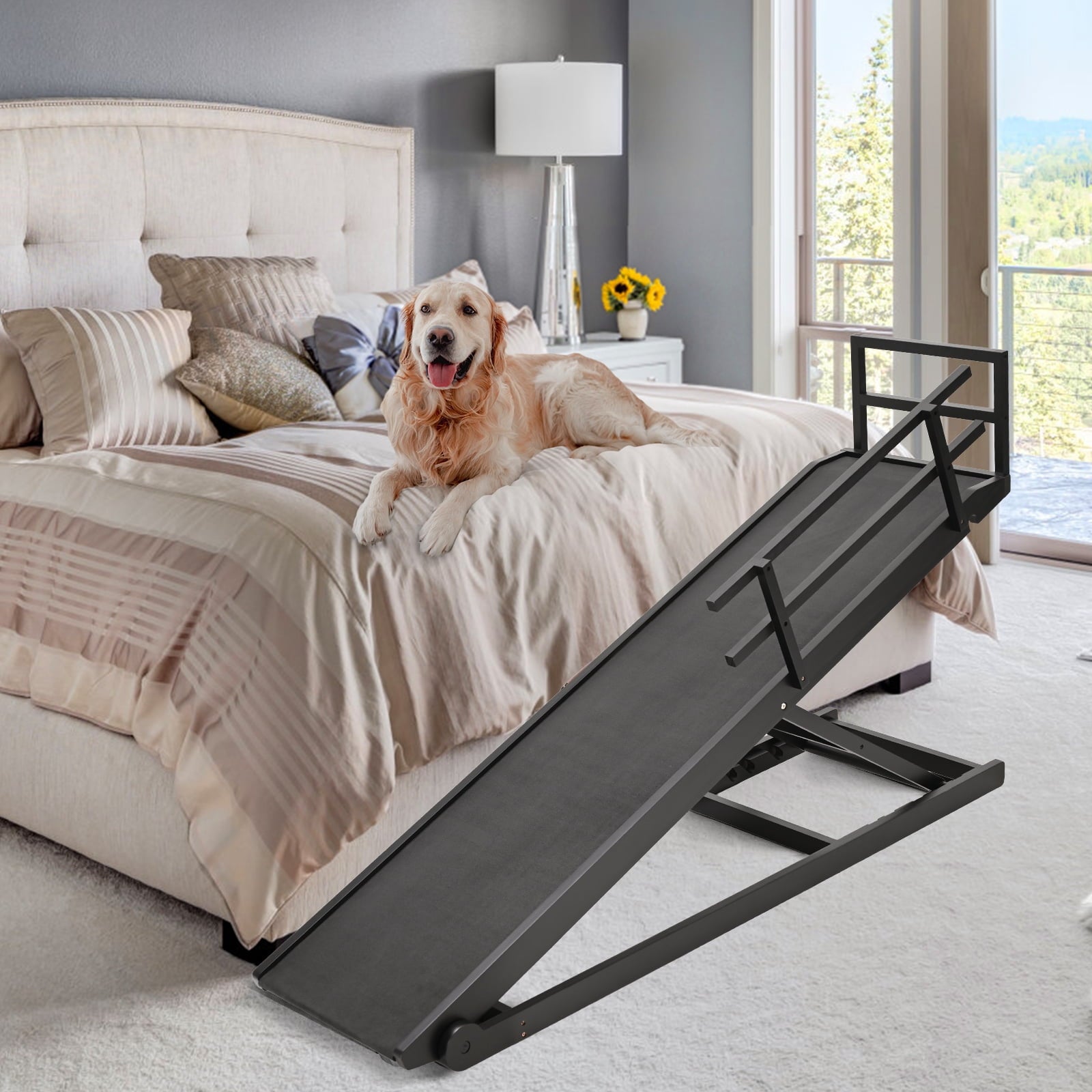 MOPHOTO 39"L x 18"W Wooden Pet Ramp for Dogs, Folding Pets Ramp with Non-Slip Carpet, 4 Height Adjustable, Supports up to 200 lbs, Bed Pet Ramp