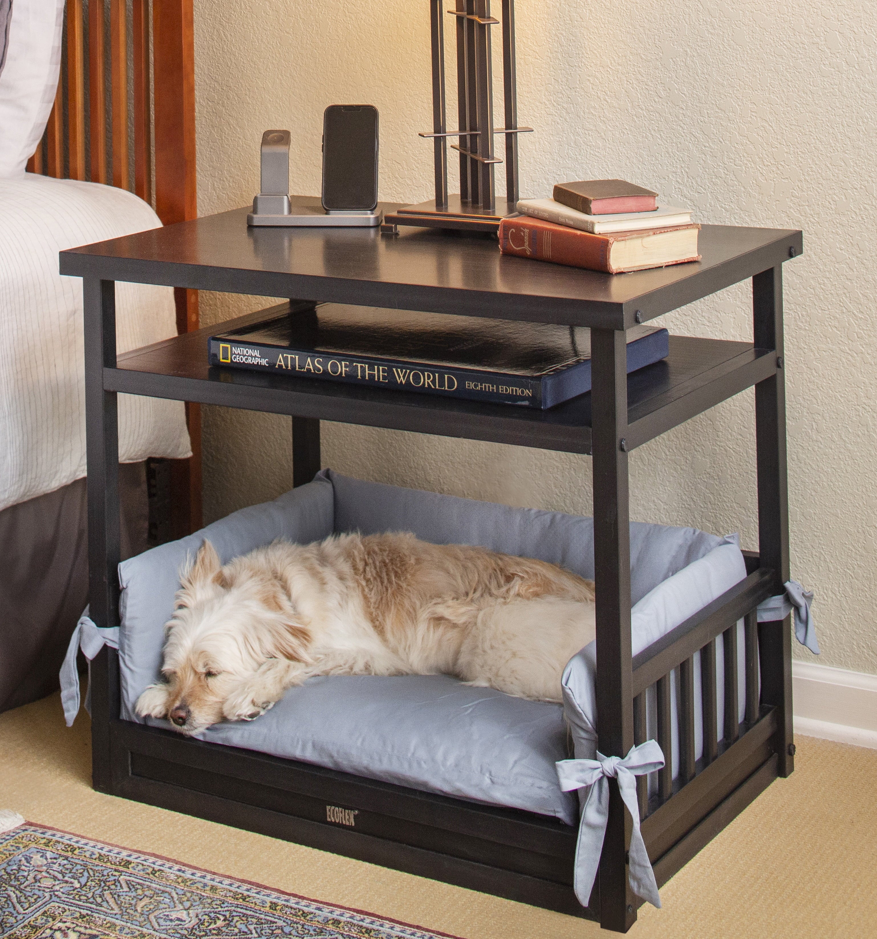 New Age Pet® ECOFLEX® Dog Bed Nightstand with Memory Foam Cushion - Durable, Non-Toxic Wood Plastic Composite, Easy Clean Removable Cover, Multi-Purpose Space Saver for Small Spaces, Quick Assembly