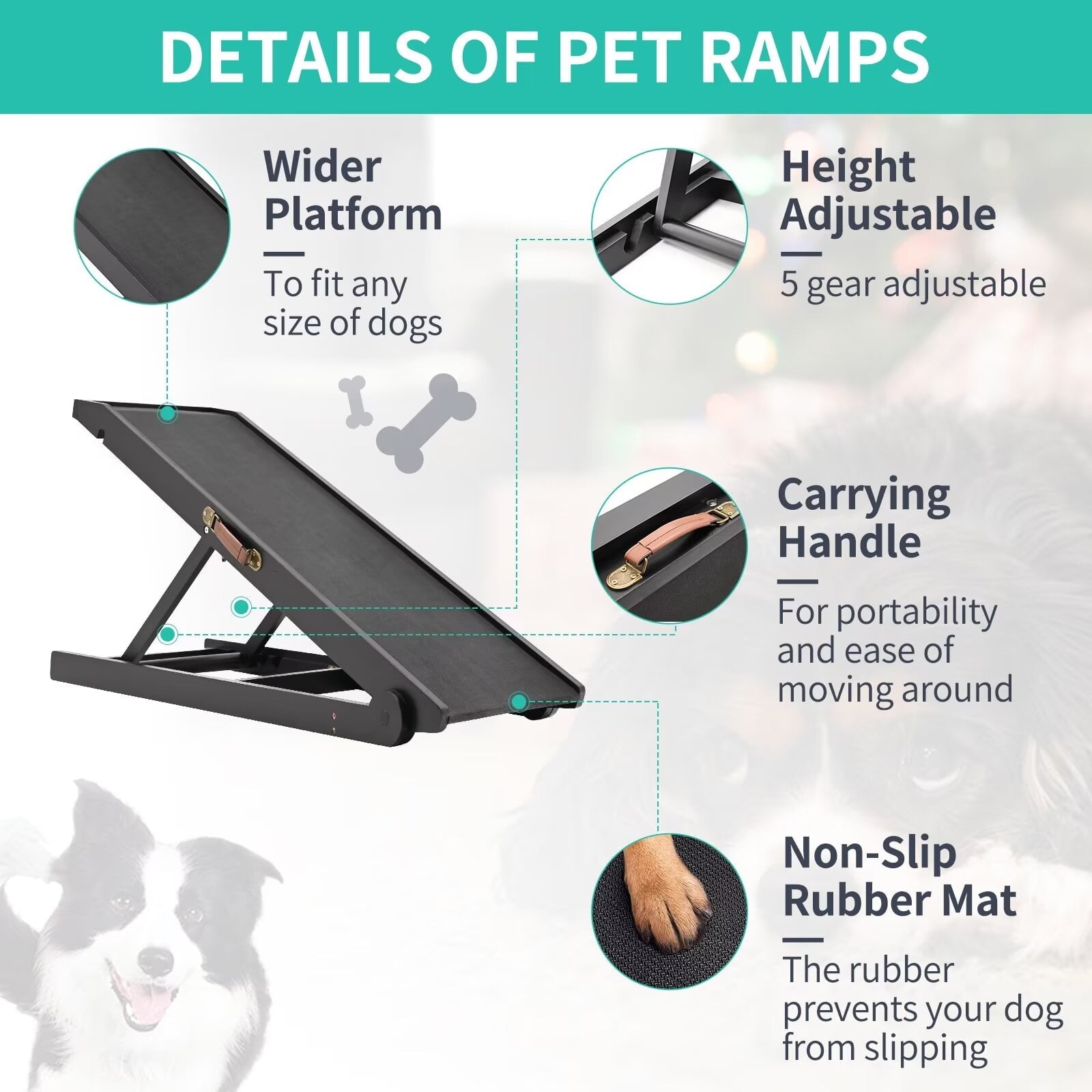 MOPHOTO 39"L x 18"W Wooden Pet Ramp for Dogs, Folding Pets Ramp with Non-Slip Carpet, 4 Height Adjustable, Supports up to 200 lbs, Bed Pet Ramp