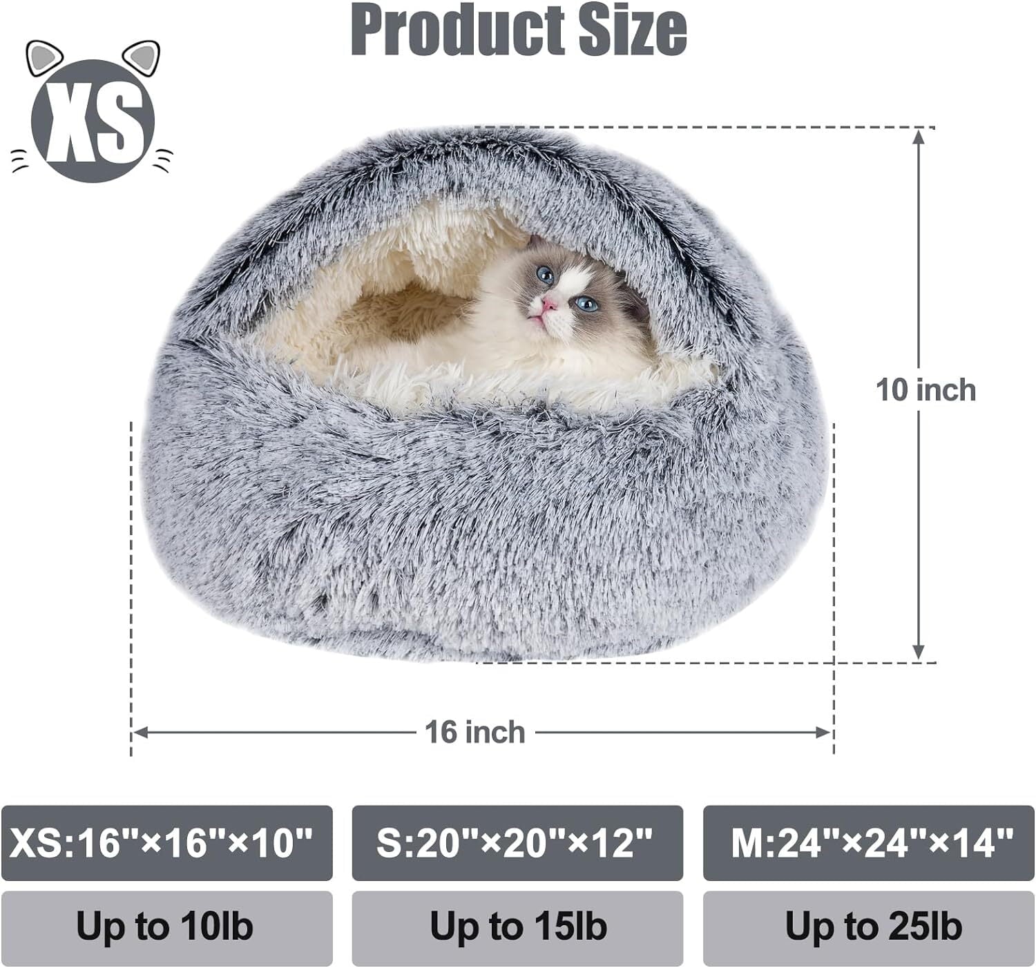 Katinyos Cat Bed & Dog Bed with Cover Cave, Machine Washable Cozy Cat Cave Bed, Pet Bed with Anti-Slip & Waterproof Bottom, Round Plush Fluffy Cat Condo for Improved Sleep-16inch