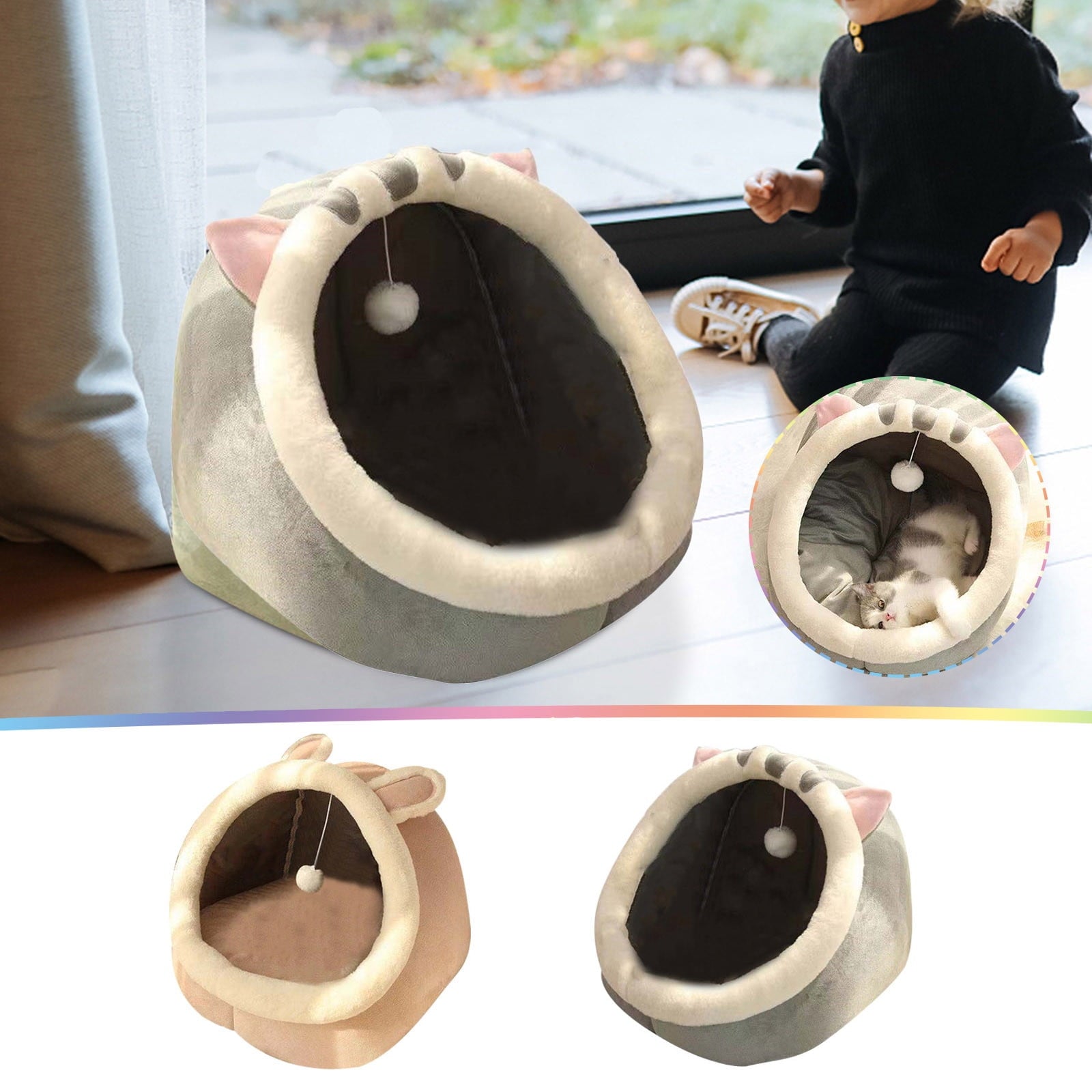 LSLJS Cat Bed, Pet Beds for Cats Cute Cat House with Ears Cozy Cat Cave Beds for Indoor Cats Winter Warm Pet Bed Washable Cat Sleeping Cushion Cotton Pet Sofa On Clearance (15 x 14 x 13 Inch Pink)