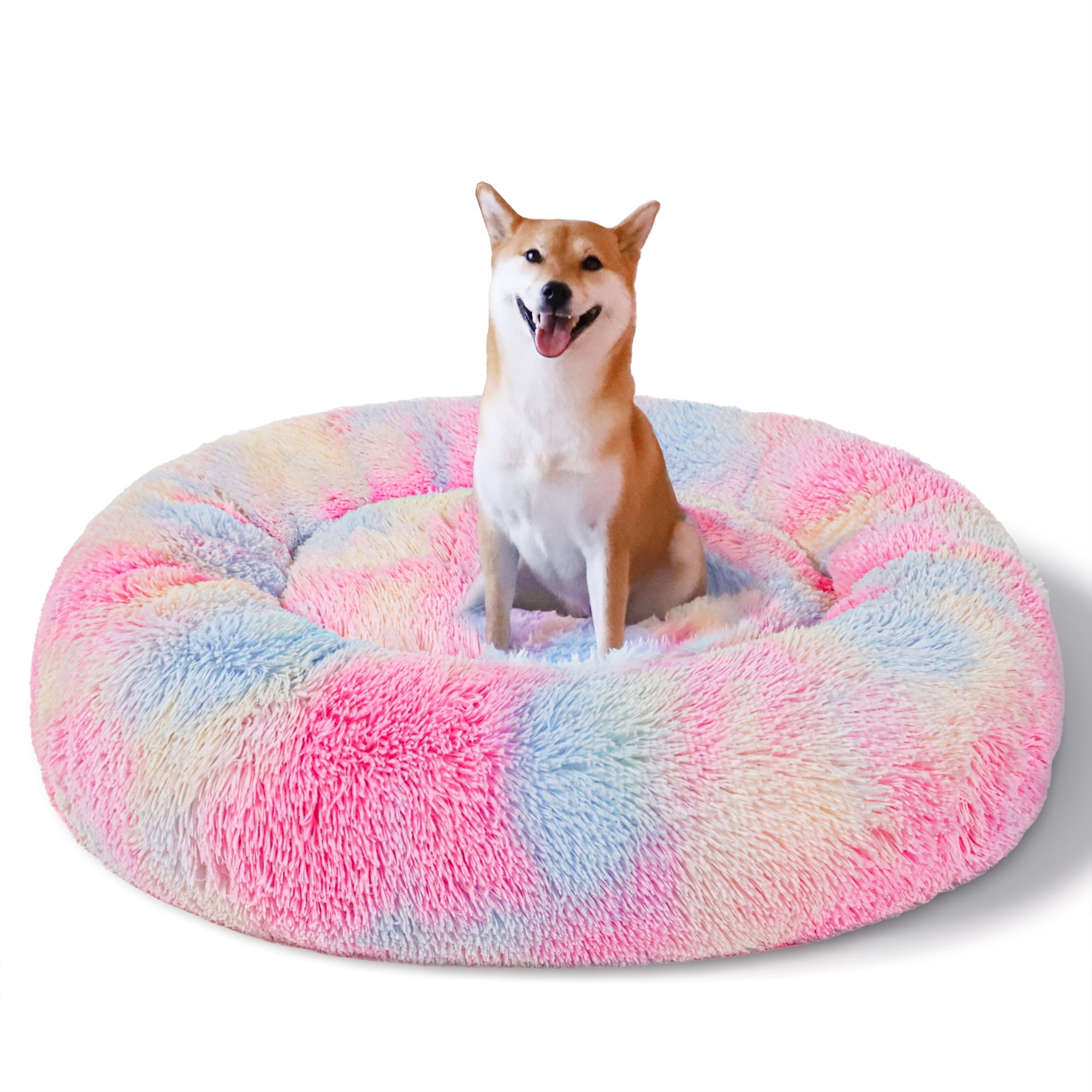 Exclusivo Mezcla Calming Donut Pet Bed for Medium Dogs 24", Anti-Anxiety Plush Cozy Warming Dog Bed, Pink Rainbow