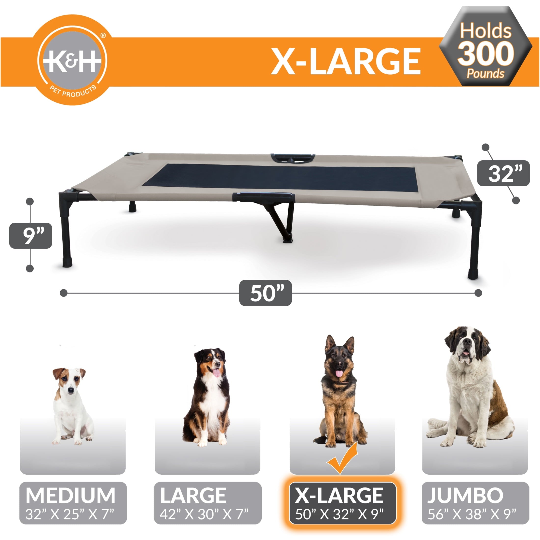 K&H Pet Products Original Pet Cot Elevated Dog Bed Taupe/Black Mesh X-Large 50 X 32 X 9 Inches