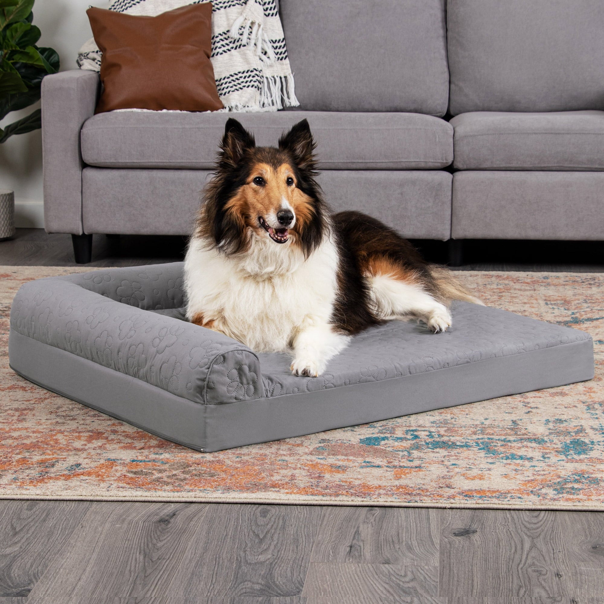 FurHaven Pet Products | Paw-Quilted Deluxe L-Chaise Full Support Solid Orthopedic Sofa Pet Bed for Dogs & Cats - Titanium, Jumbo