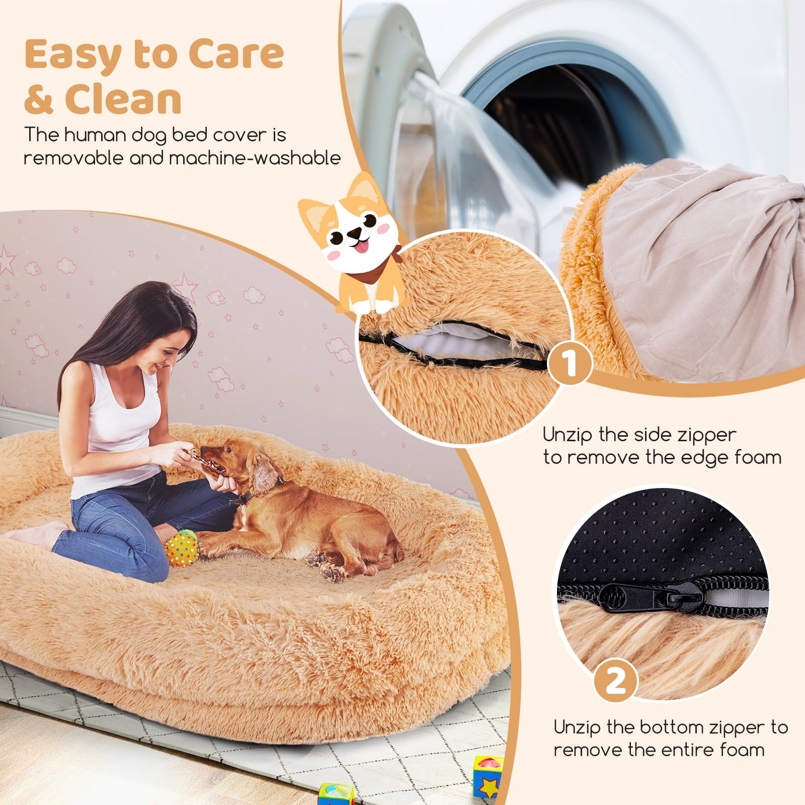 Gymax 68'' x 46'' x 10'' Human Dog Bed Orthopedic Dog Bed w/ Soft Blanket Brown