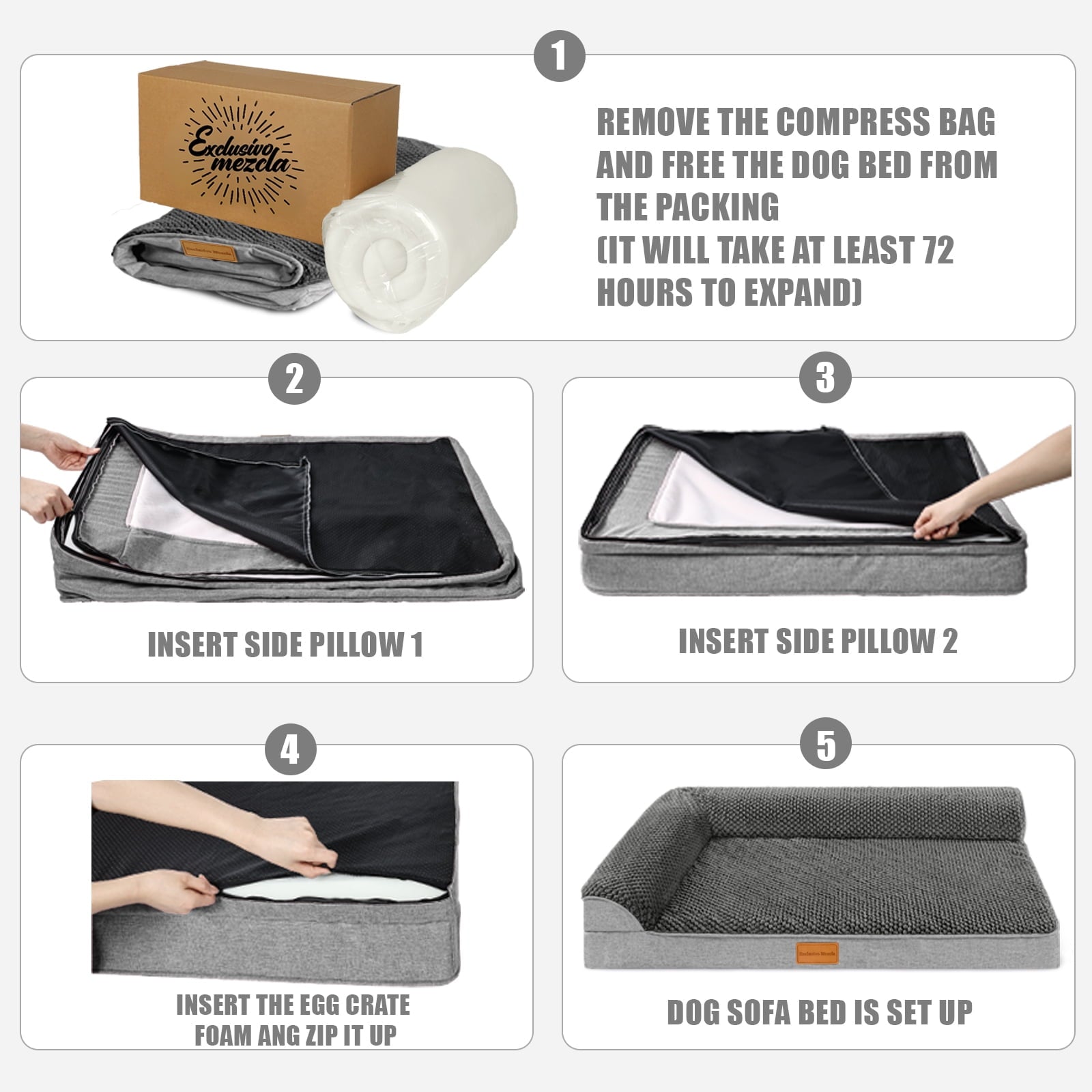 Exclusivo Mezcla Jacquard Orthopedic Pet Bed for Large Dogs, 42"X28" Waterproof L Shaped Dog Bed with Washable Cover, Black