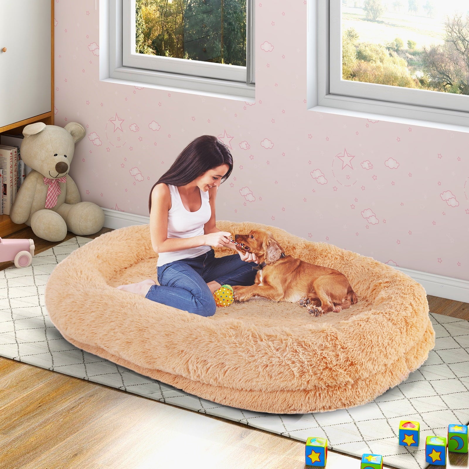 Gymax 68'' x 46'' x 10'' Human Dog Bed Orthopedic Dog Bed w/ Soft Blanket Brown