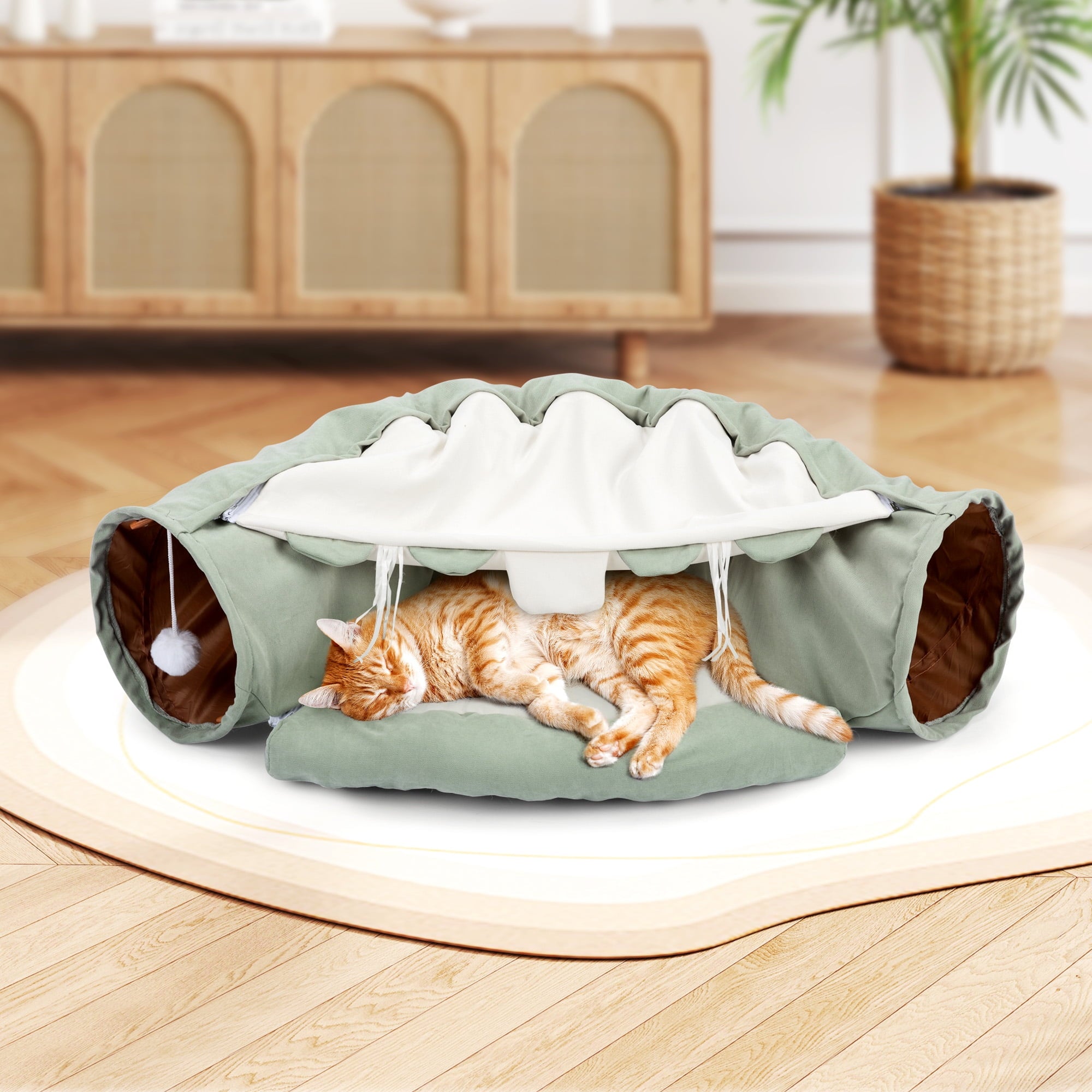 Coziwow 2-in-1 Cat Tunnel Tube Cat Tunnel Bed W/ Washable Bed Collapsible Kitty Toy, Green