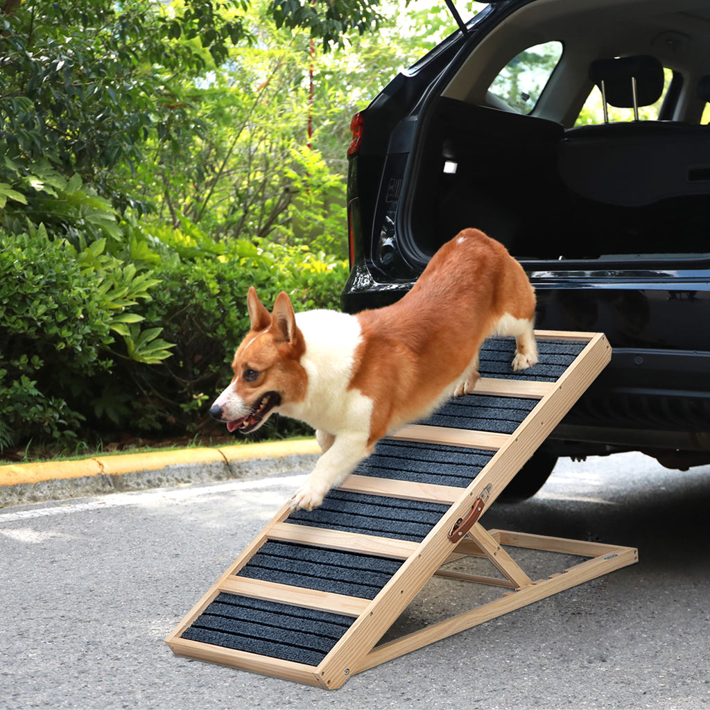 COZIWOW Adjustable Pet Ramp, Wooden Folding Dog Car Ramp with High Traction Mat, Portable Cat Ramp for Bed, Couch and Sofa, Natural