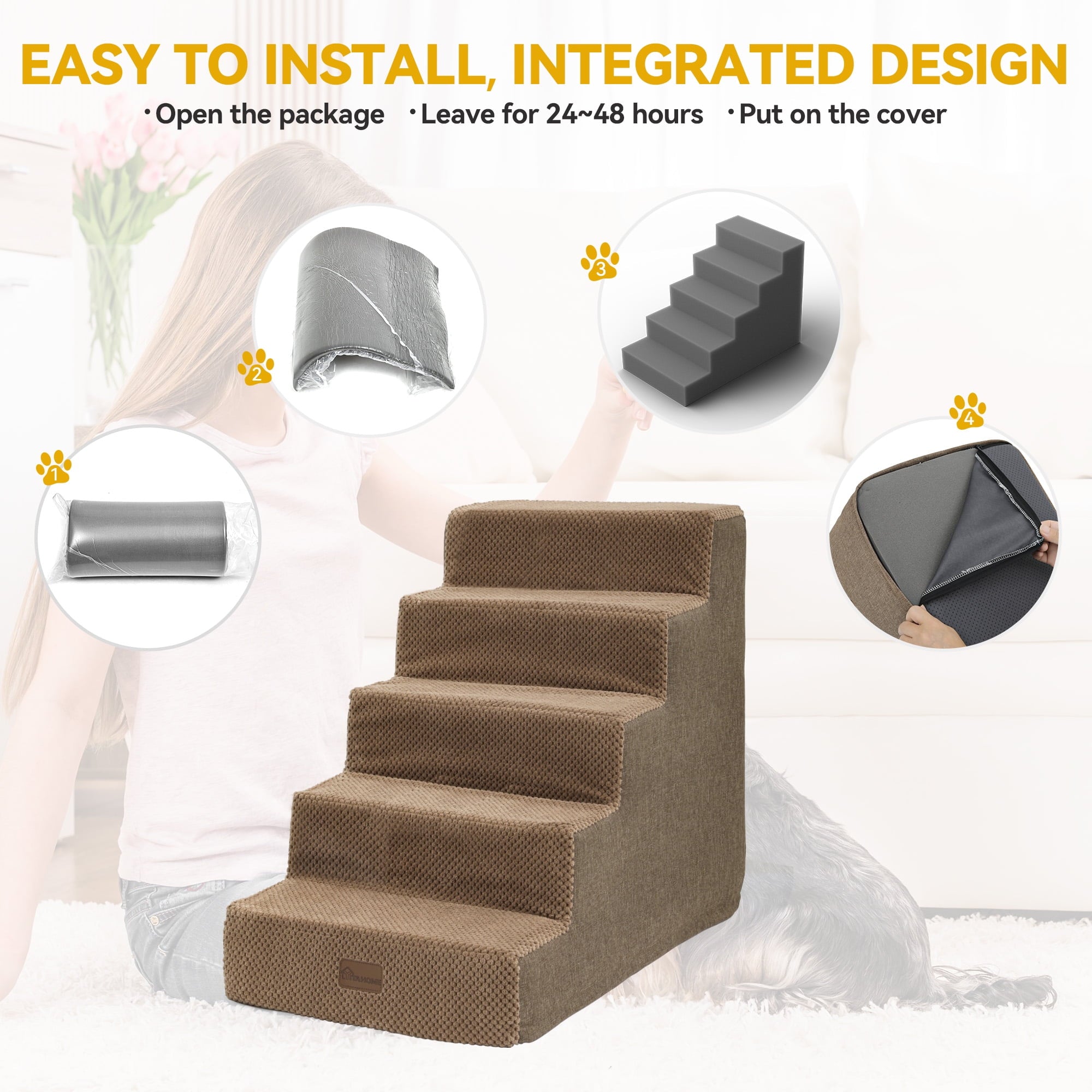 Dextrus 5-Step Pet Stairs for Small Dogs, Supportive Steps for Beds and Couches, Non-Slip Design for Injured and Elderly Pets - Brown