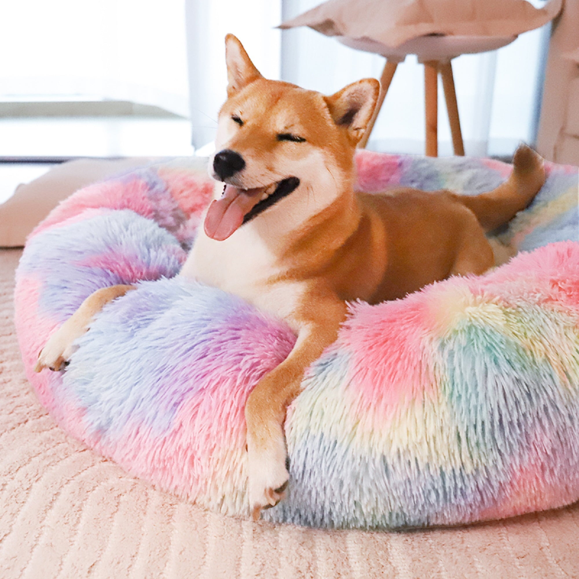 Exclusivo Mezcla Calming Donut Pet Bed for Medium Dogs 24", Anti-Anxiety Plush Cozy Warming Dog Bed, Pink Rainbow