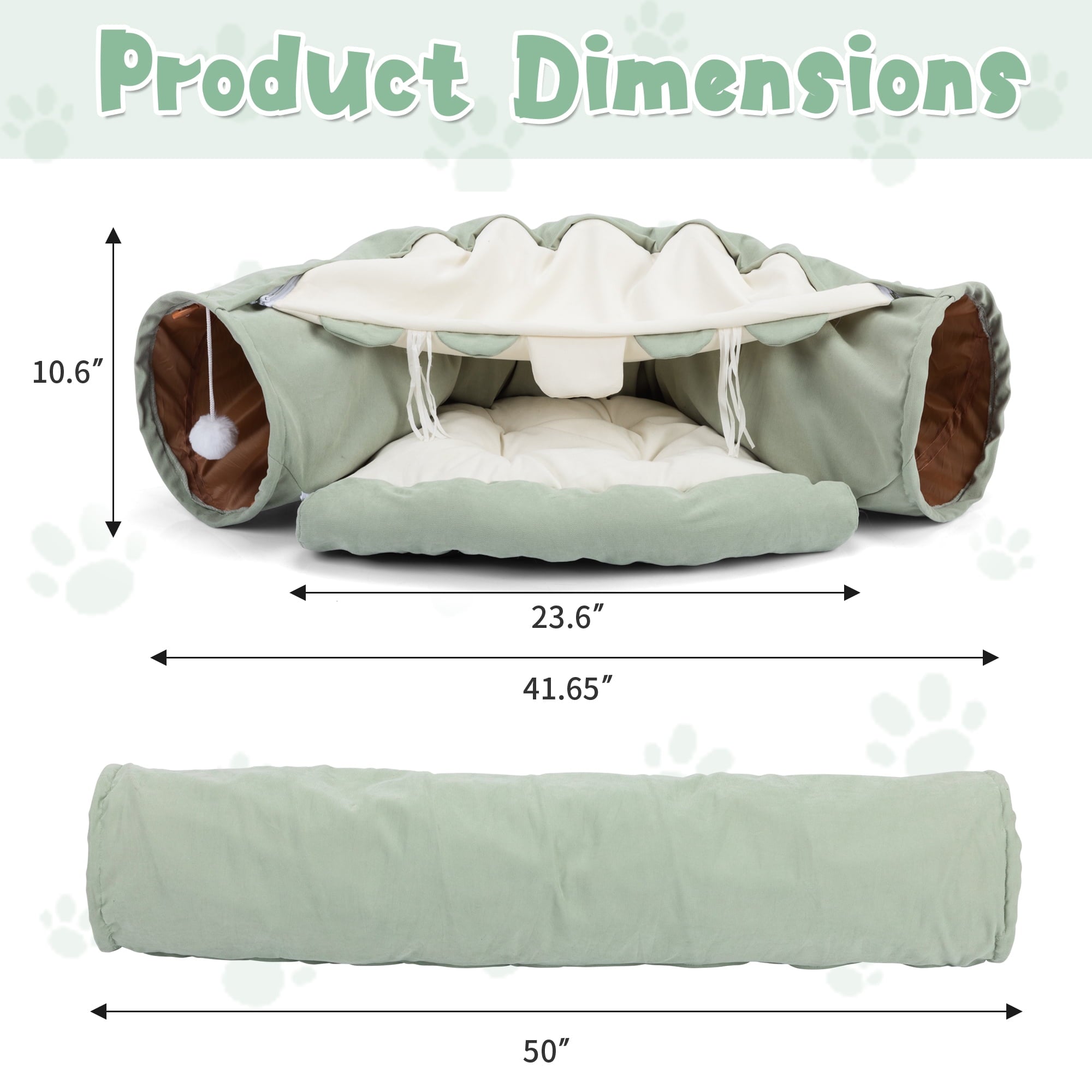 Coziwow 2-in-1 Cat Tunnel Tube Cat Tunnel Bed W/ Washable Bed Collapsible Kitty Toy, Green
