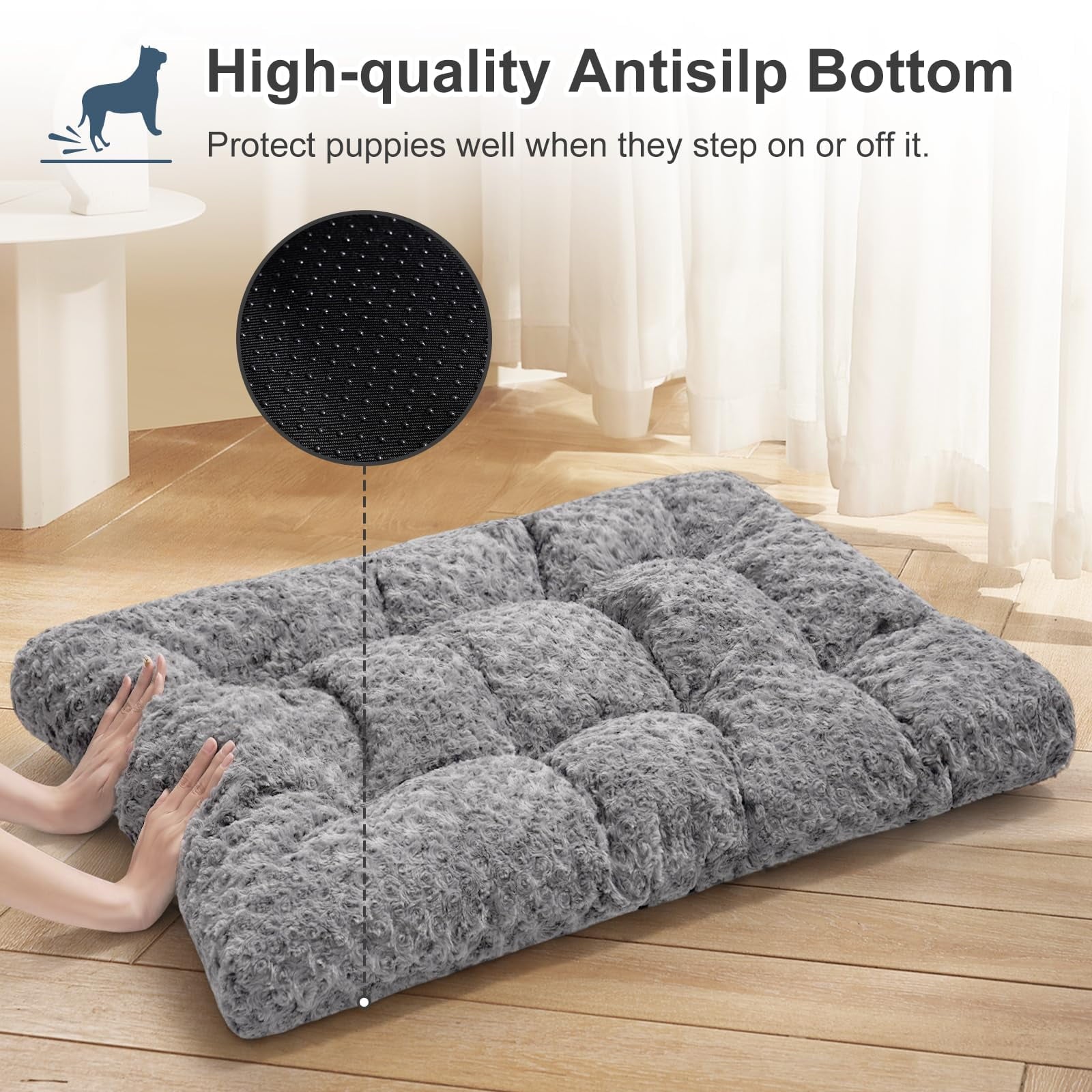 EMONIA Large Dog Bed, Luxury Rose Velvet Pet Mattress, Washable Dog Mattress for Crate, Non Slip Bottom, Suitable for Large, Medium Dogs 36 "x 23", Light Gray