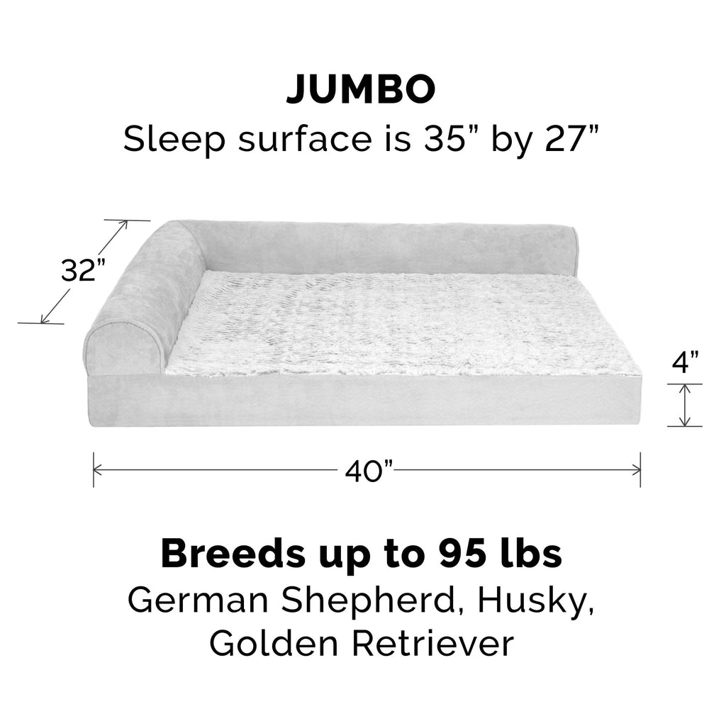 FurHaven Pet Products Jumbo Embossed Faux Fur & Suede Orthopedic Deluxe L-Chaise Dog Bed, Gray