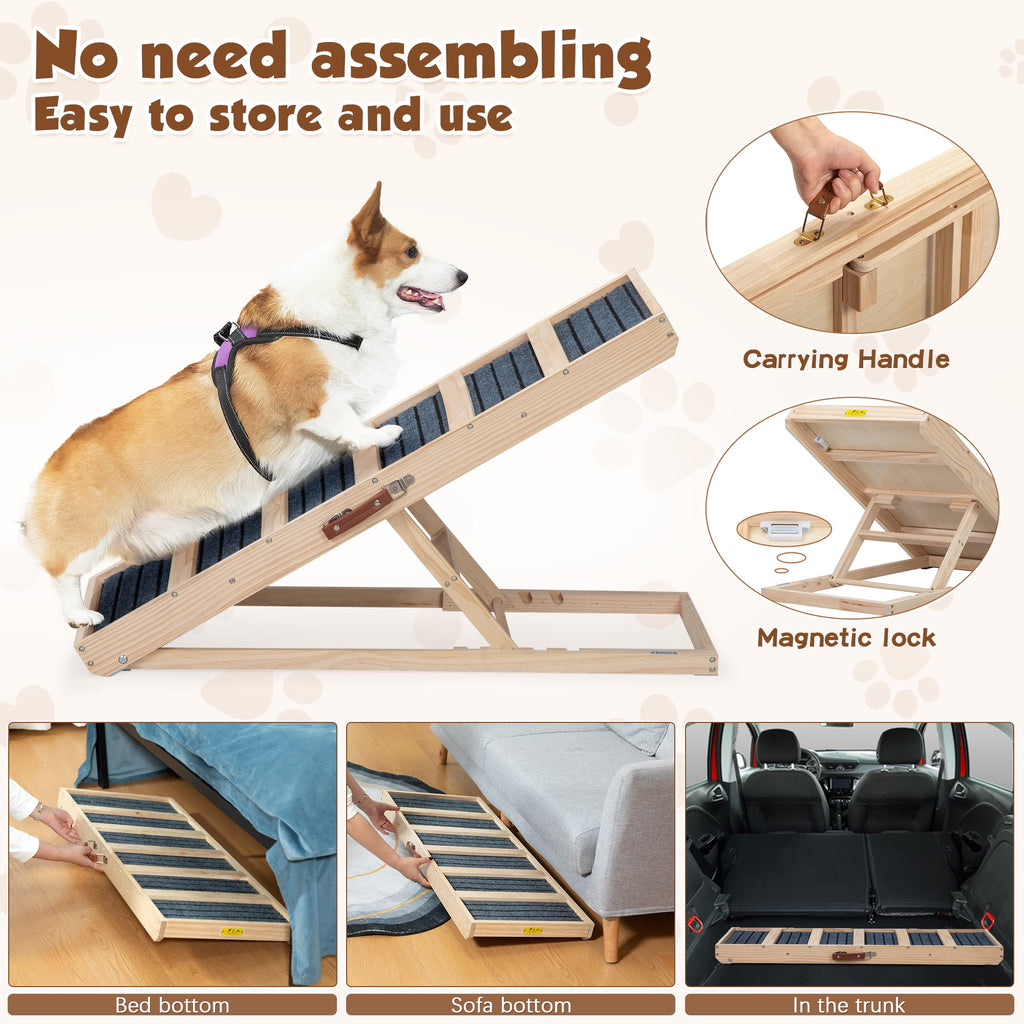 COZIWOW Adjustable Pet Ramp, Wooden Folding Dog Car Ramp with High Traction Mat, Portable Cat Ramp for Bed, Couch and Sofa, Natural