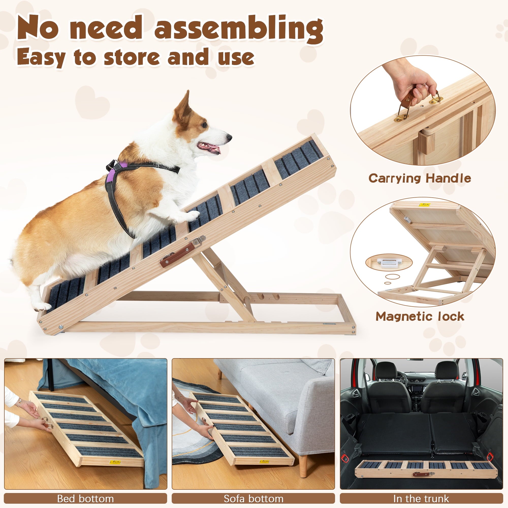 COZIWOW Adjustable Pet Ramp, Wooden Folding Dog Car Ramp with High Traction Mat, Portable Cat Ramp for Bed, Couch and Sofa, Natural