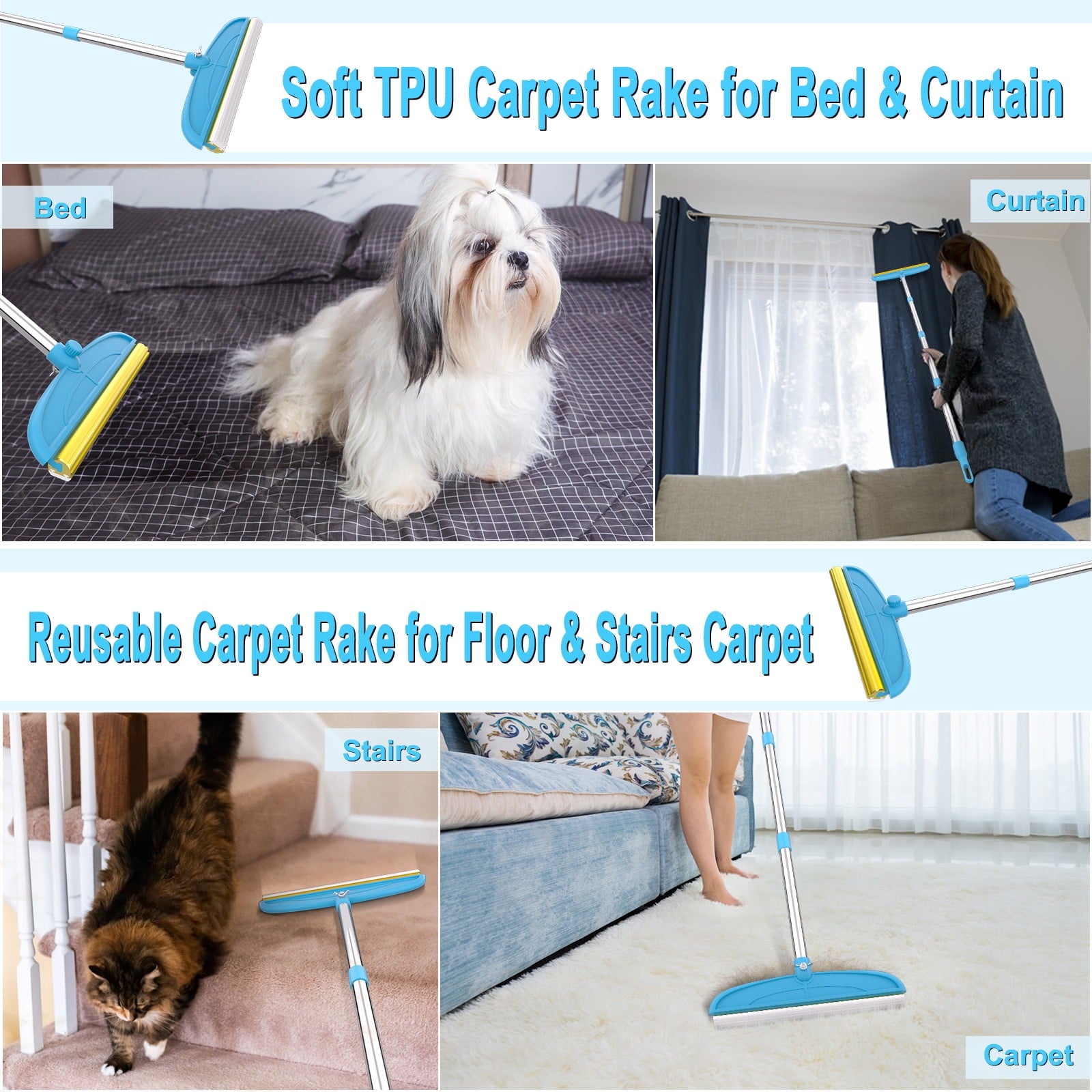 Carpet Rake for Dog Hair Remover: 2 in 1 Reusable Pet Hair Remover – 60" Adjustable Long Handle Carpet Removal Tool for Dog Cat Human Hair – Carpet Scrape Cleaning for Rug Couch Bed