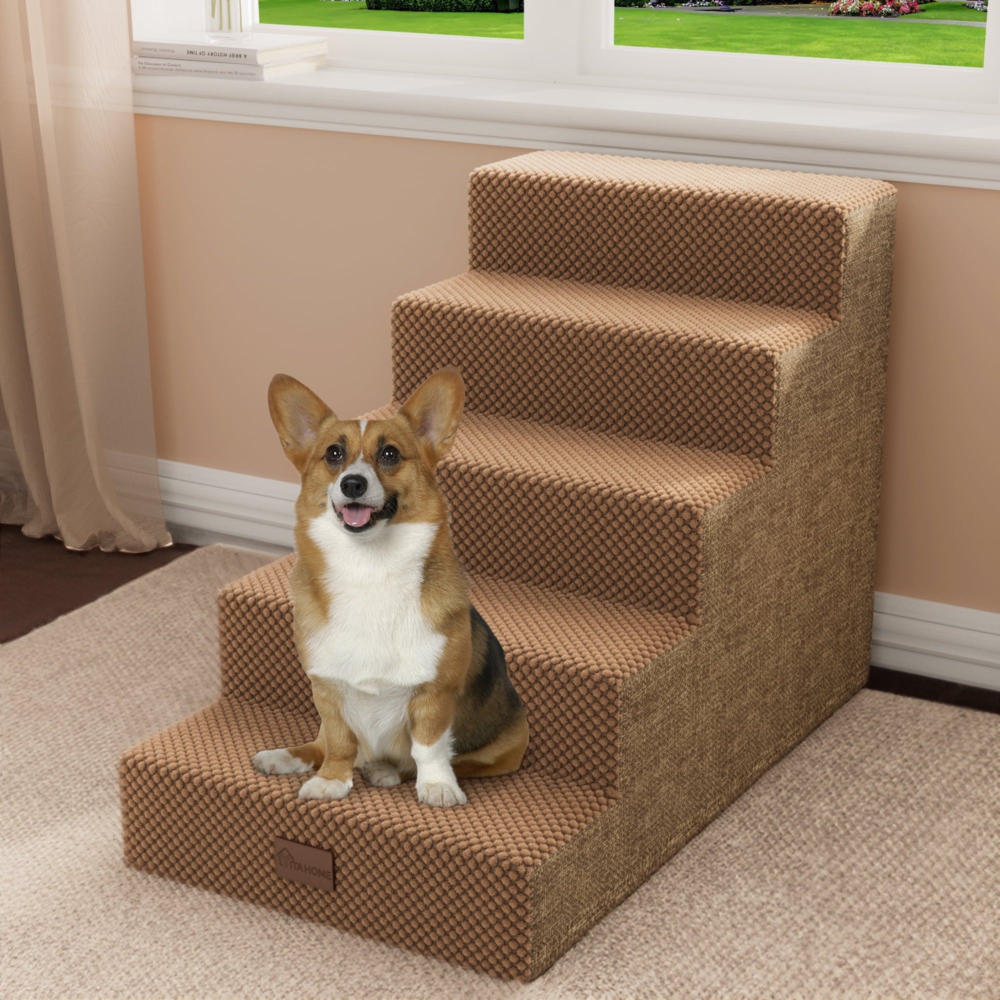 Dextrus 5-Step Pet Stairs for Small Dogs, Supportive Steps for Beds and Couches, Non-Slip Design for Injured and Elderly Pets - Brown