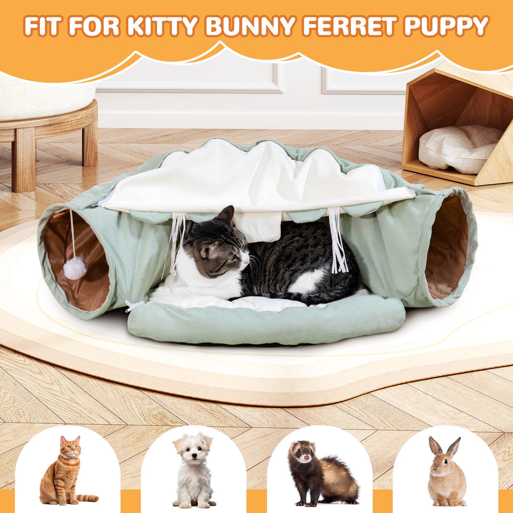 Coziwow 2-in-1 Cat Tunnel Tube Cat Tunnel Bed W/ Washable Bed Collapsible Kitty Toy, Green